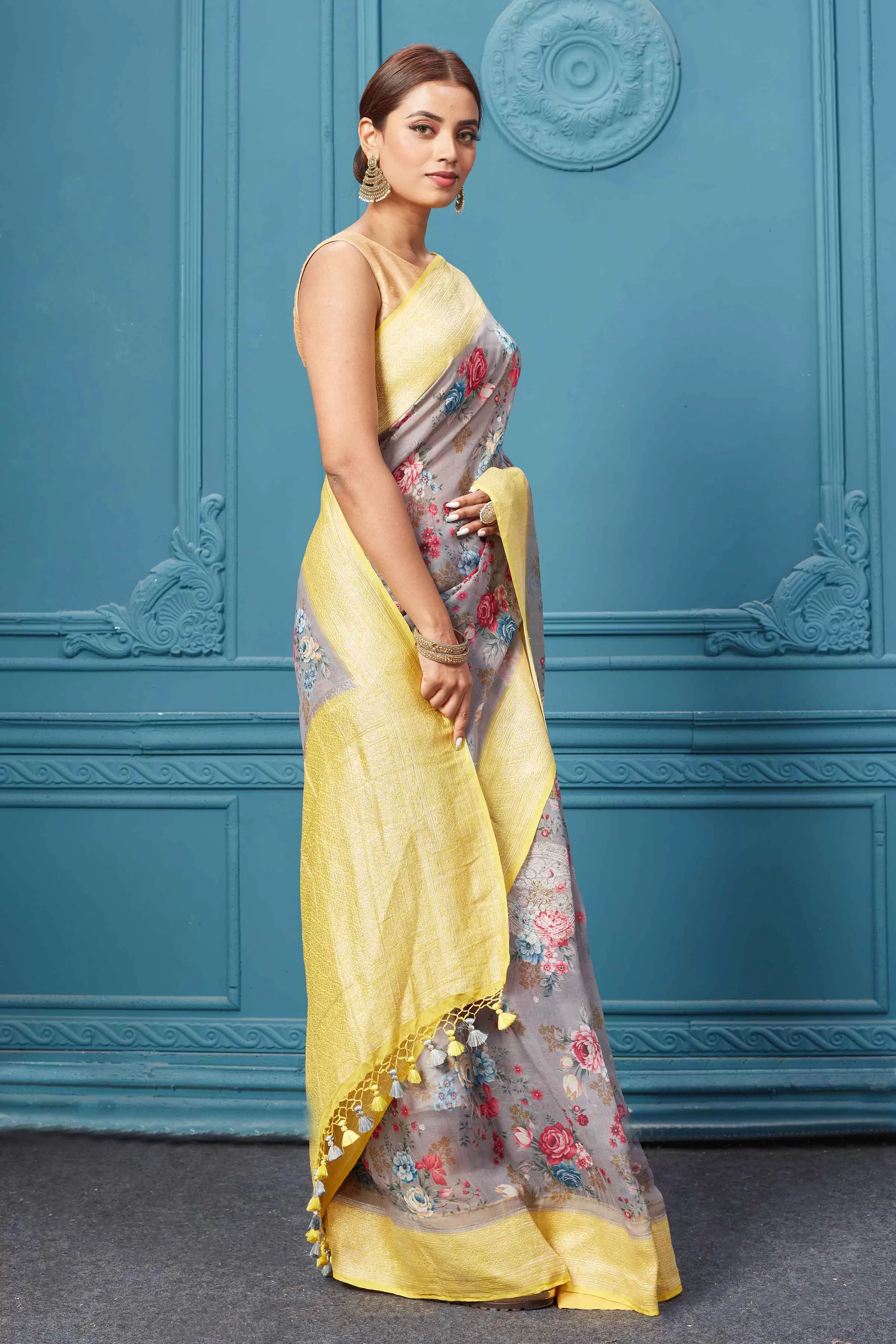 91A130 Grey Floral Chiffon Banarasi Sari with Yellow Border