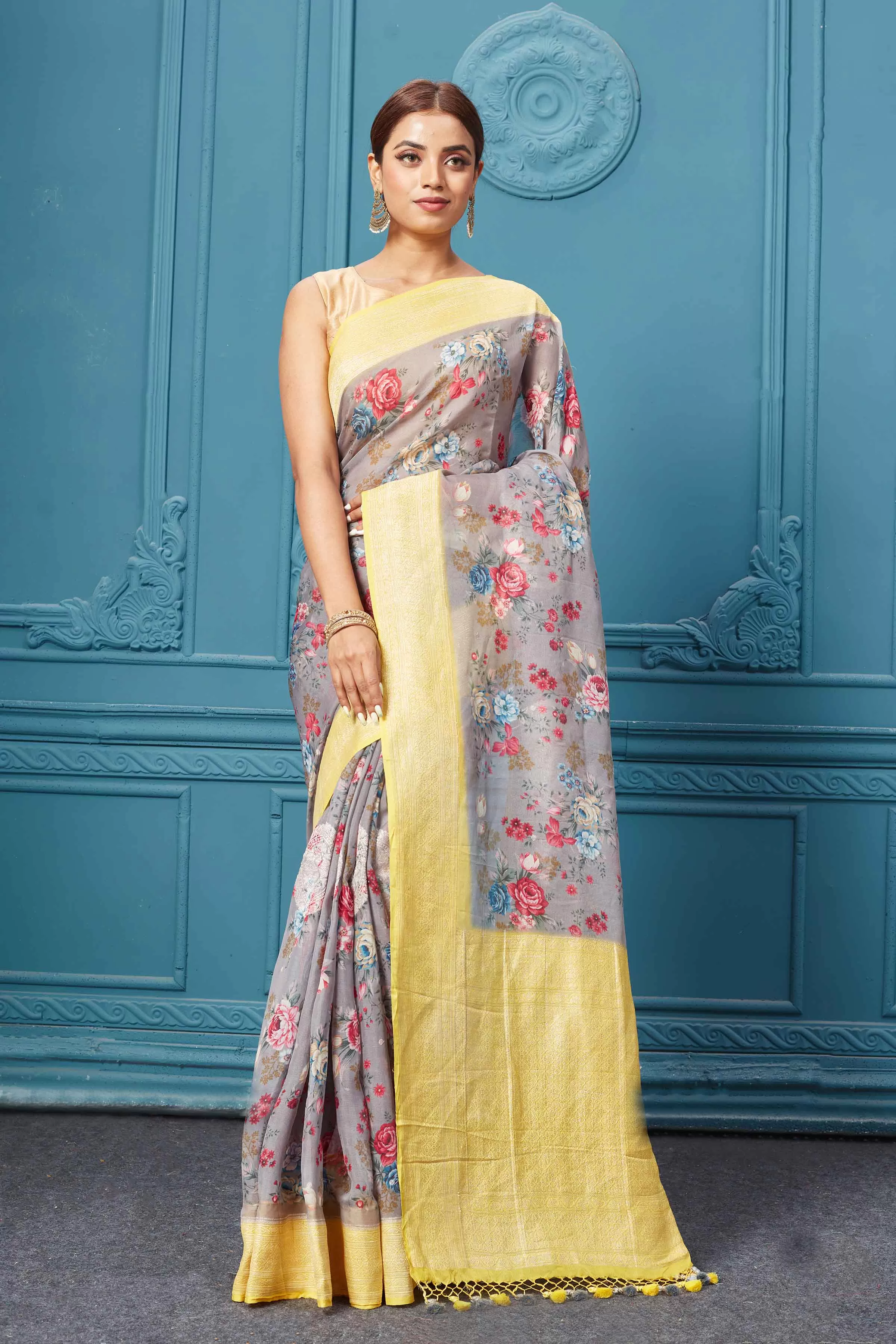 91A130 Grey Floral Chiffon Banarasi Sari with Yellow Border