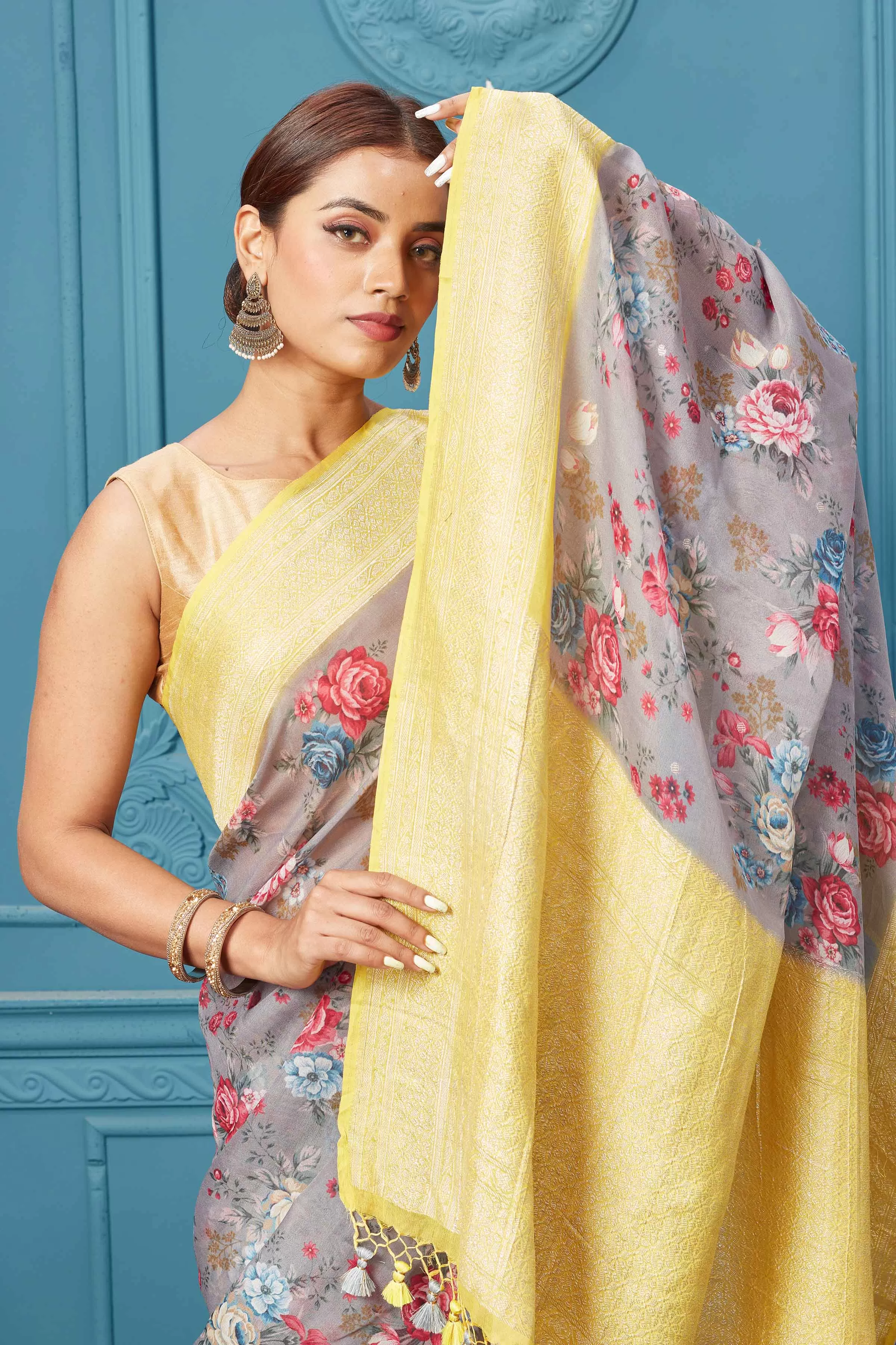 91A130 Grey Floral Chiffon Banarasi Sari with Yellow Border