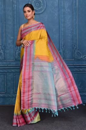 91A135 Yellow Striped Pure Gadhwal Silk Sari with Bluish Pink Border