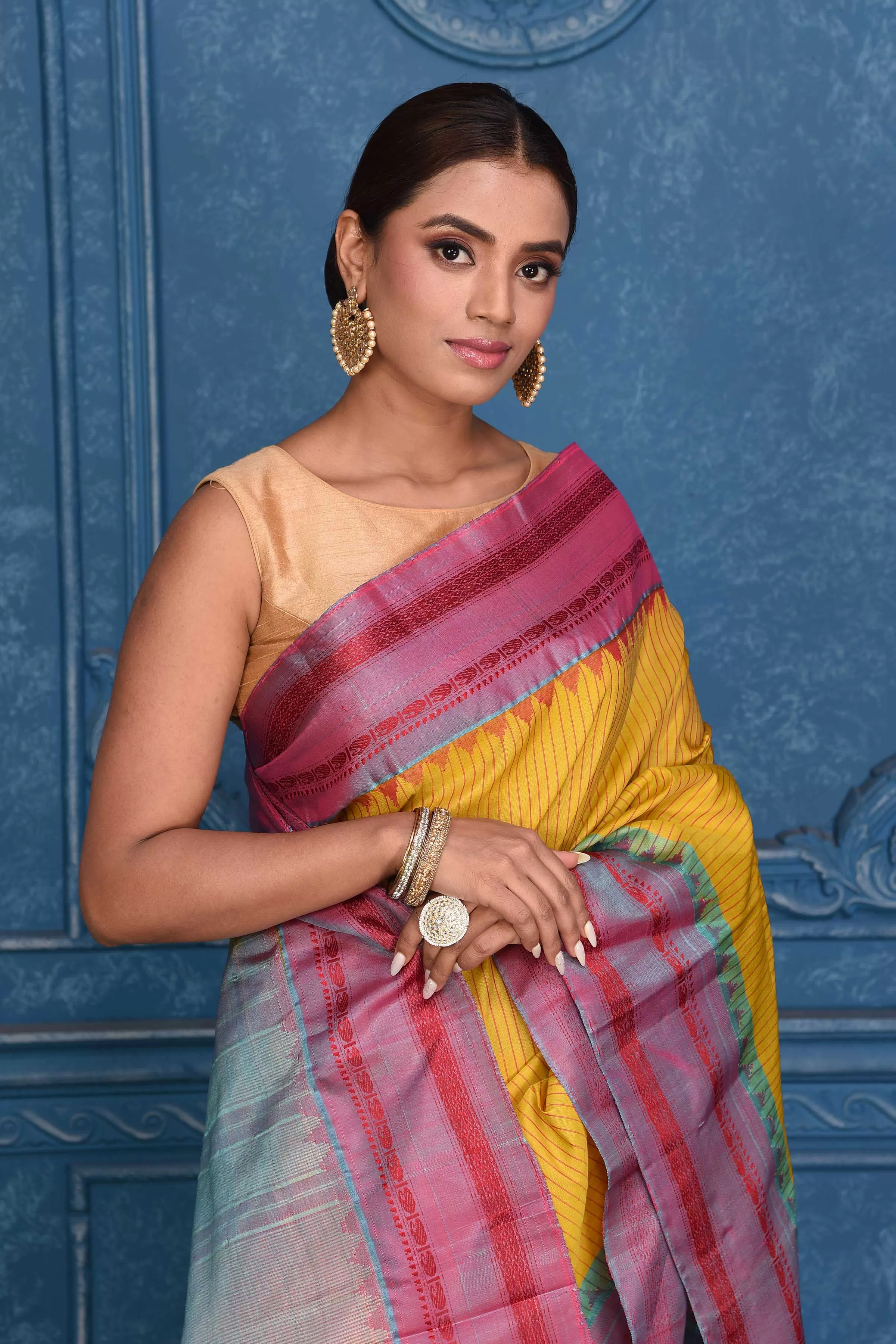 91A135 Yellow Striped Pure Gadhwal Silk Sari with Bluish Pink Border