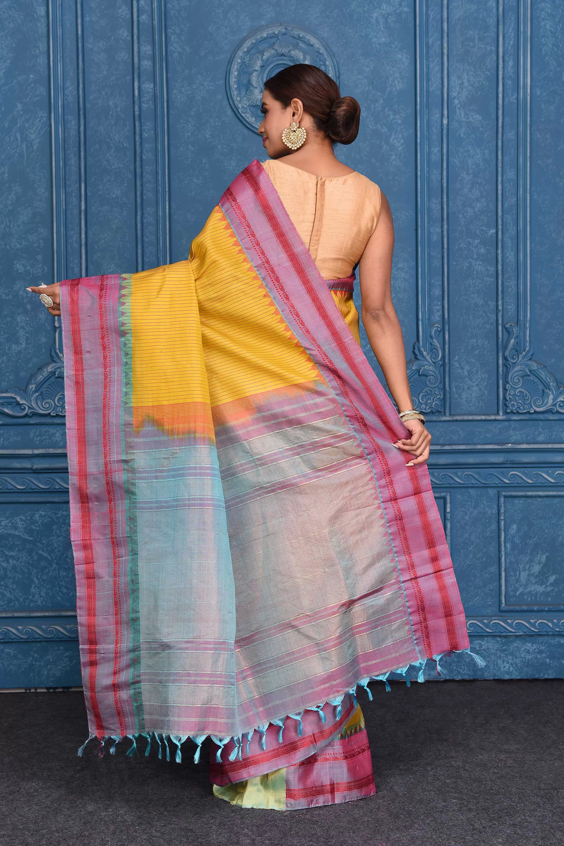 91A135 Yellow Striped Pure Gadhwal Silk Sari with Bluish Pink Border