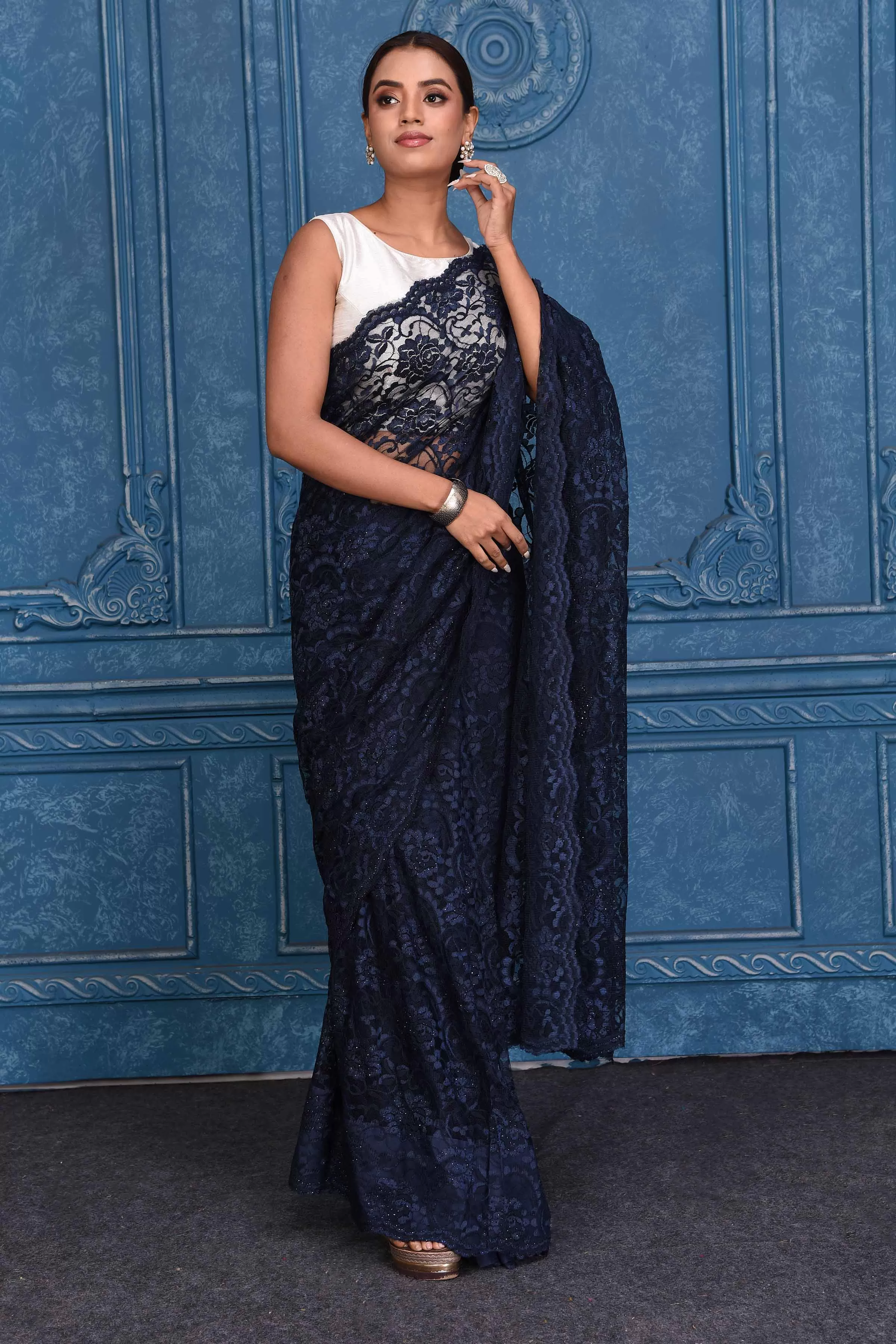 91A208 Navy Blue Lace Saree