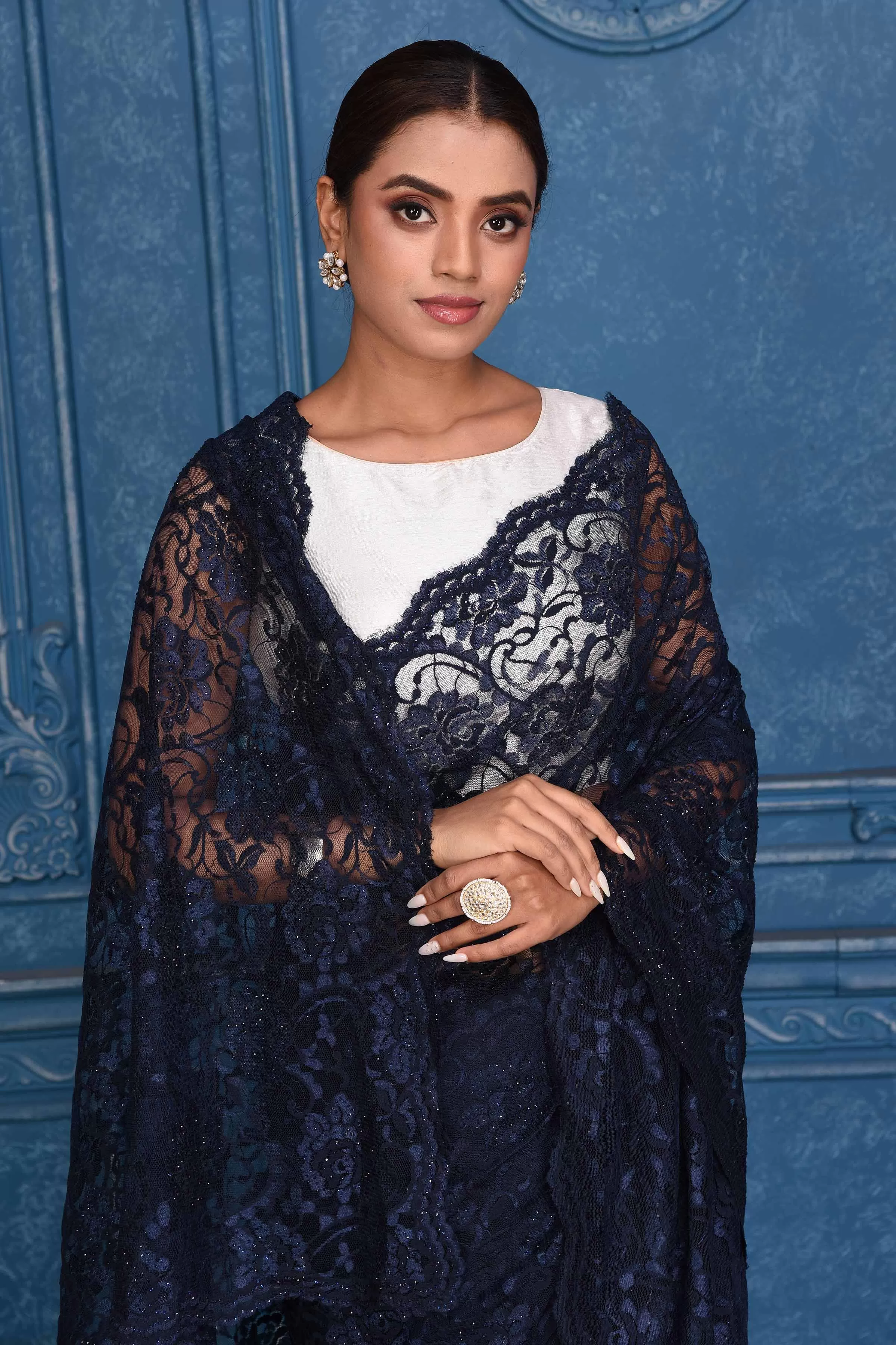 91A208 Navy Blue Lace Saree