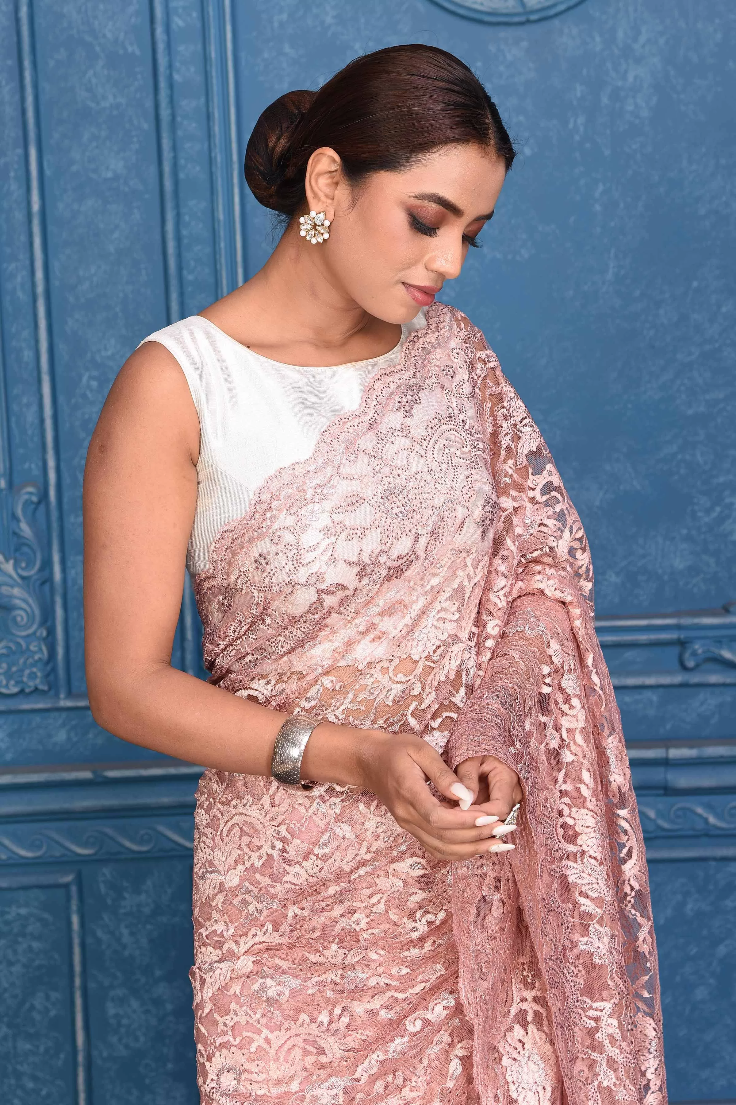 91A212 Dusty Pink Lace Work Saree