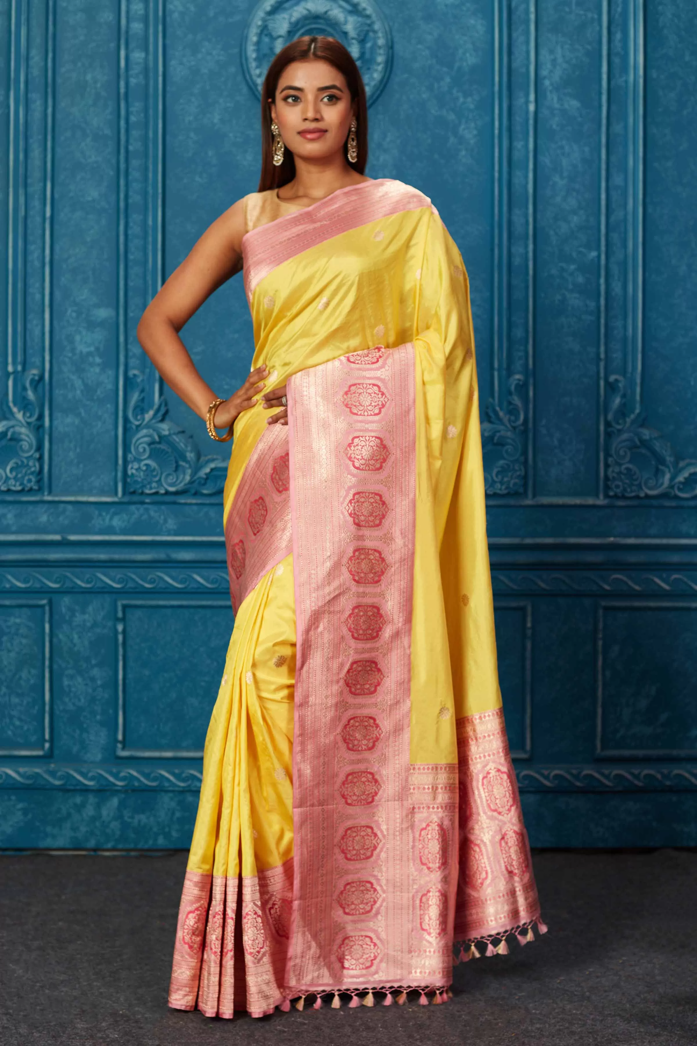 91A221 Yellow Banarasi Saree with Pink Zari Border