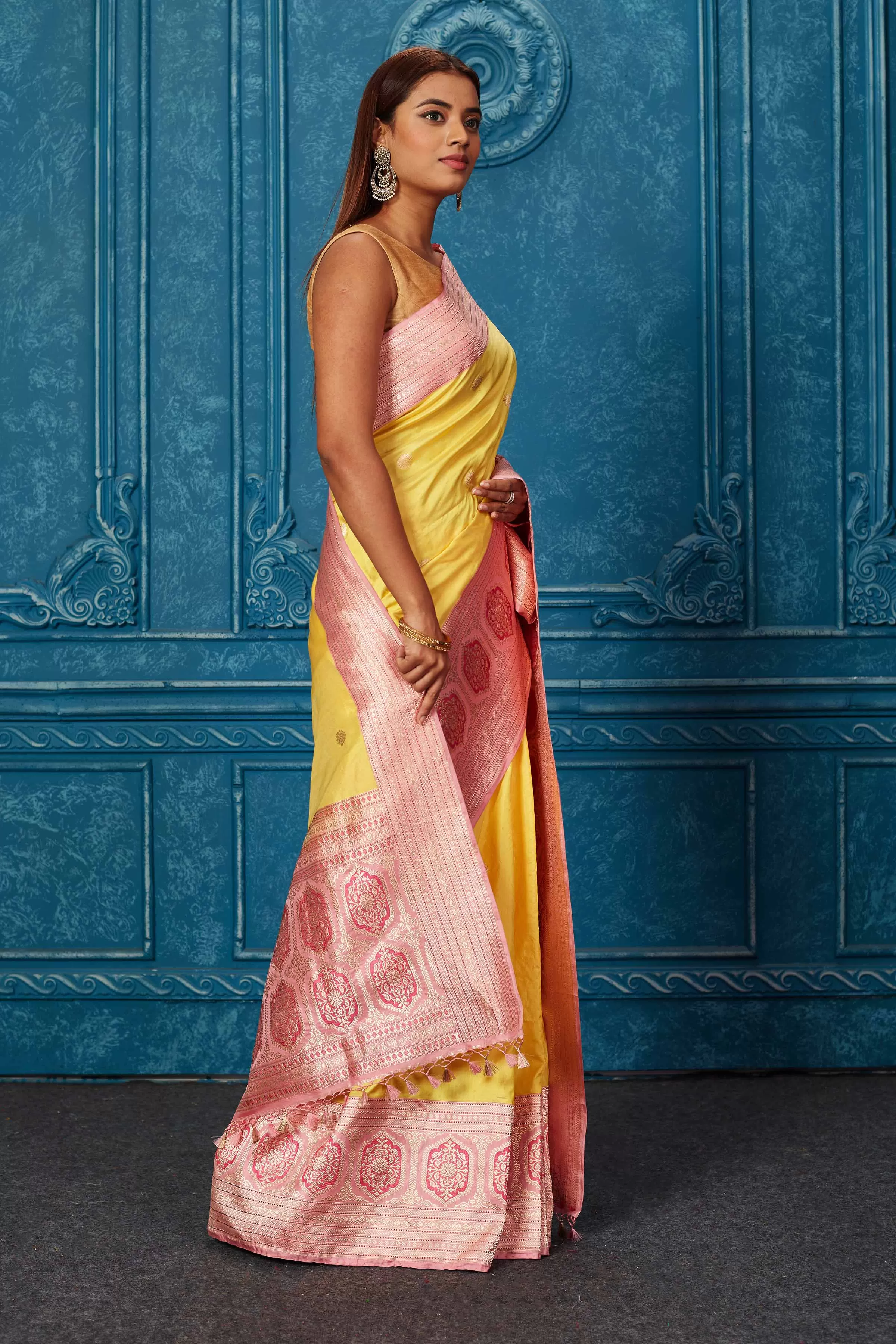 91A221 Yellow Banarasi Saree with Pink Zari Border