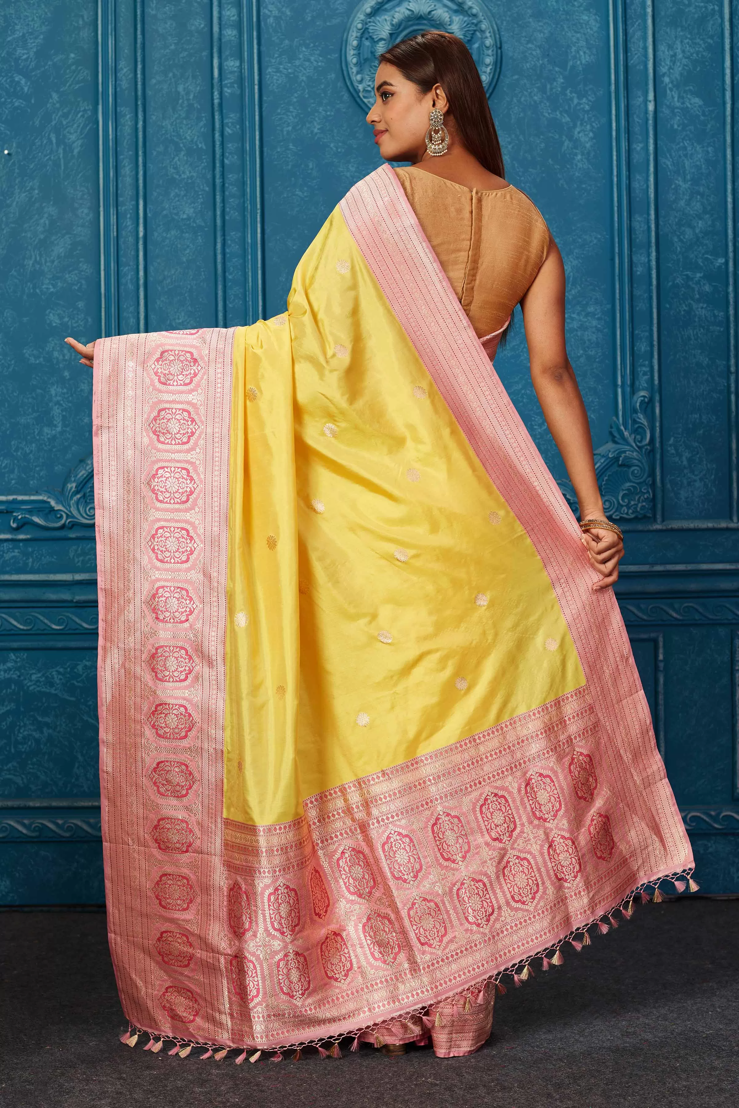 91A221 Yellow Banarasi Saree with Pink Zari Border