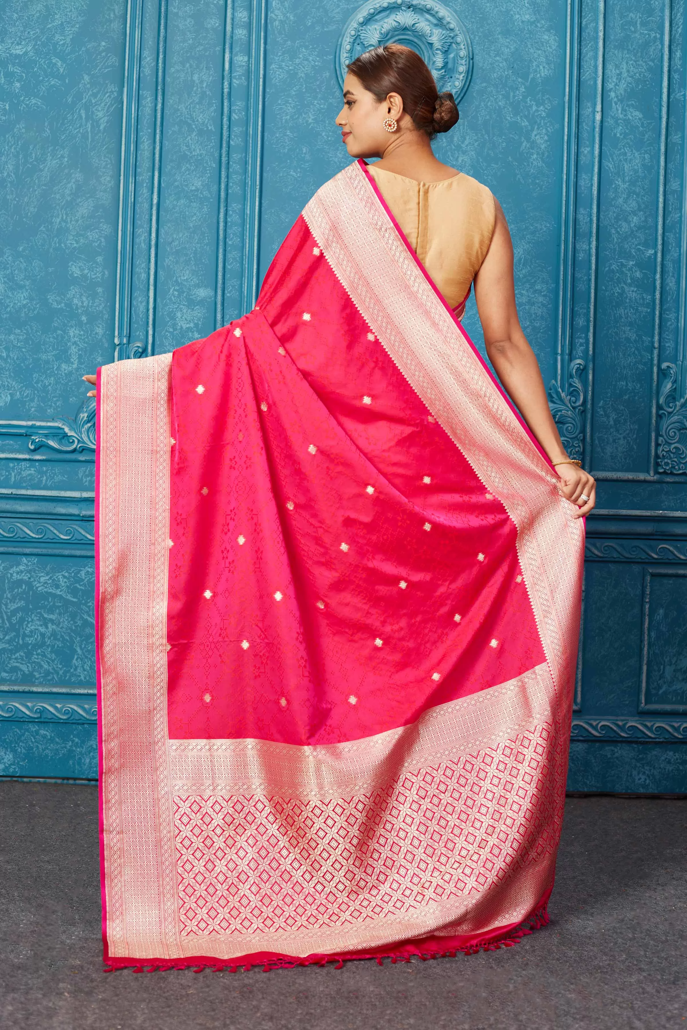 91A247 Dark Pink Mashru Banarasi Sari with Zari Border