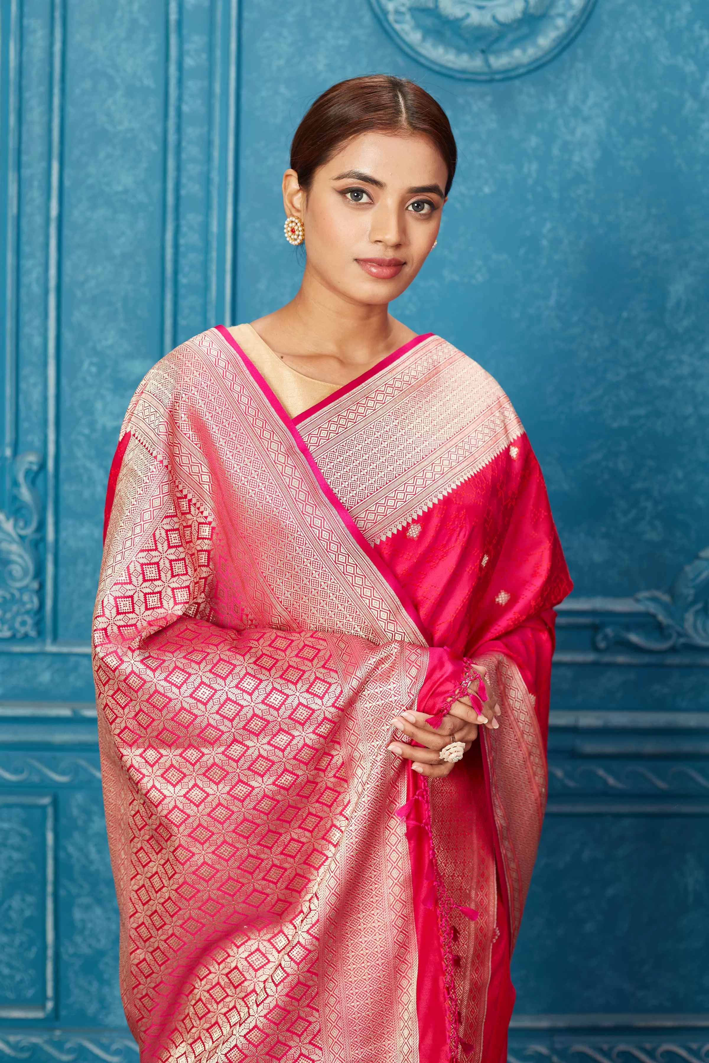 91A247 Dark Pink Mashru Banarasi Sari with Zari Border