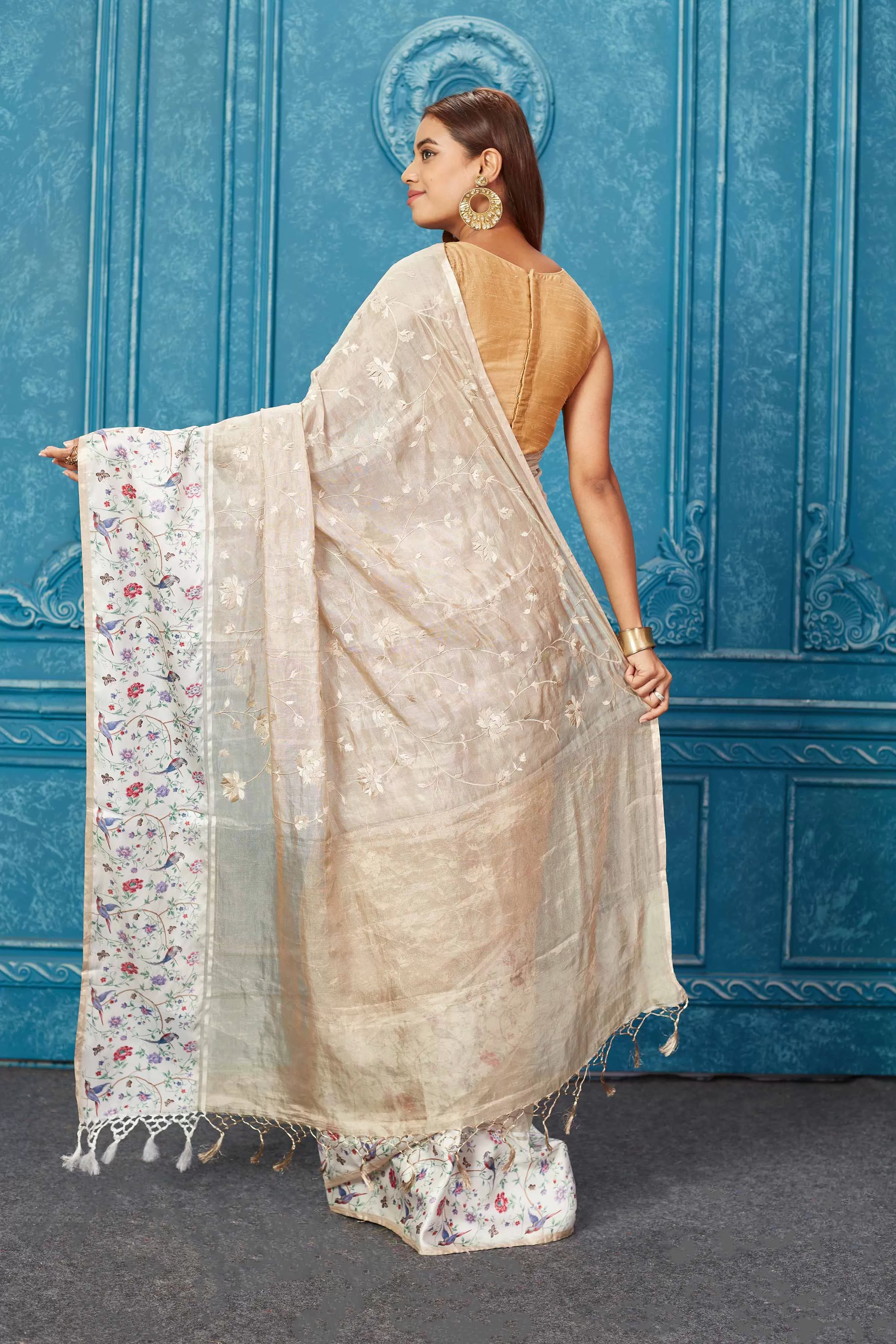 91A272 Beige Organza Tissue Silk Saree with Printed Mashru Border