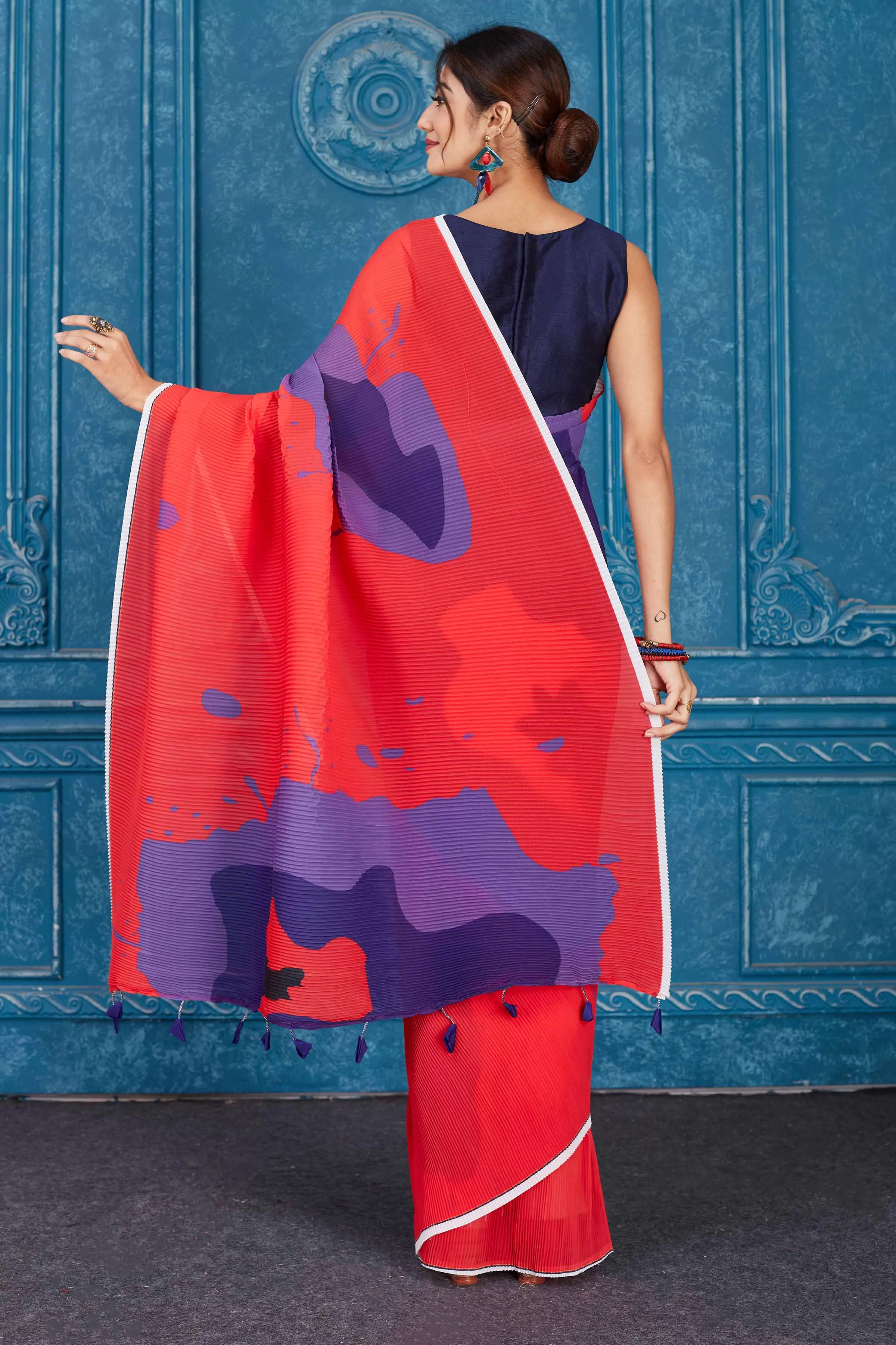 91A300 Red and Purple Printed Crushed Georgette Saree