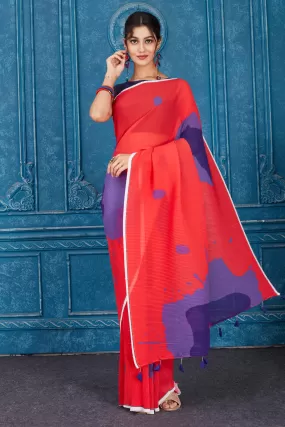 91A300 Red and Purple Printed Crushed Georgette Saree