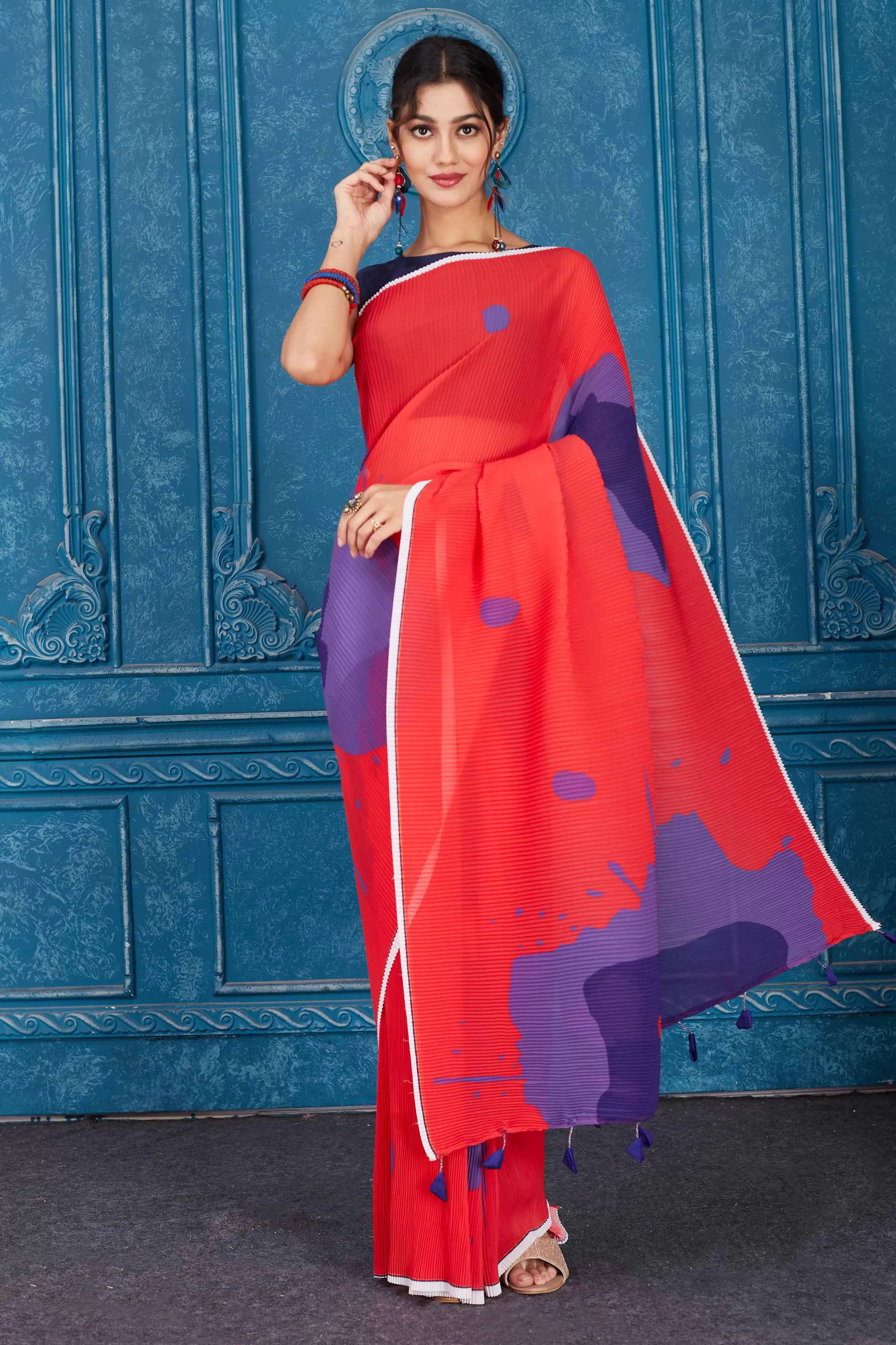 91A300 Red and Purple Printed Crushed Georgette Saree