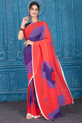 91A306 Red and Purple Abstract Print Crushed Georgette Saree