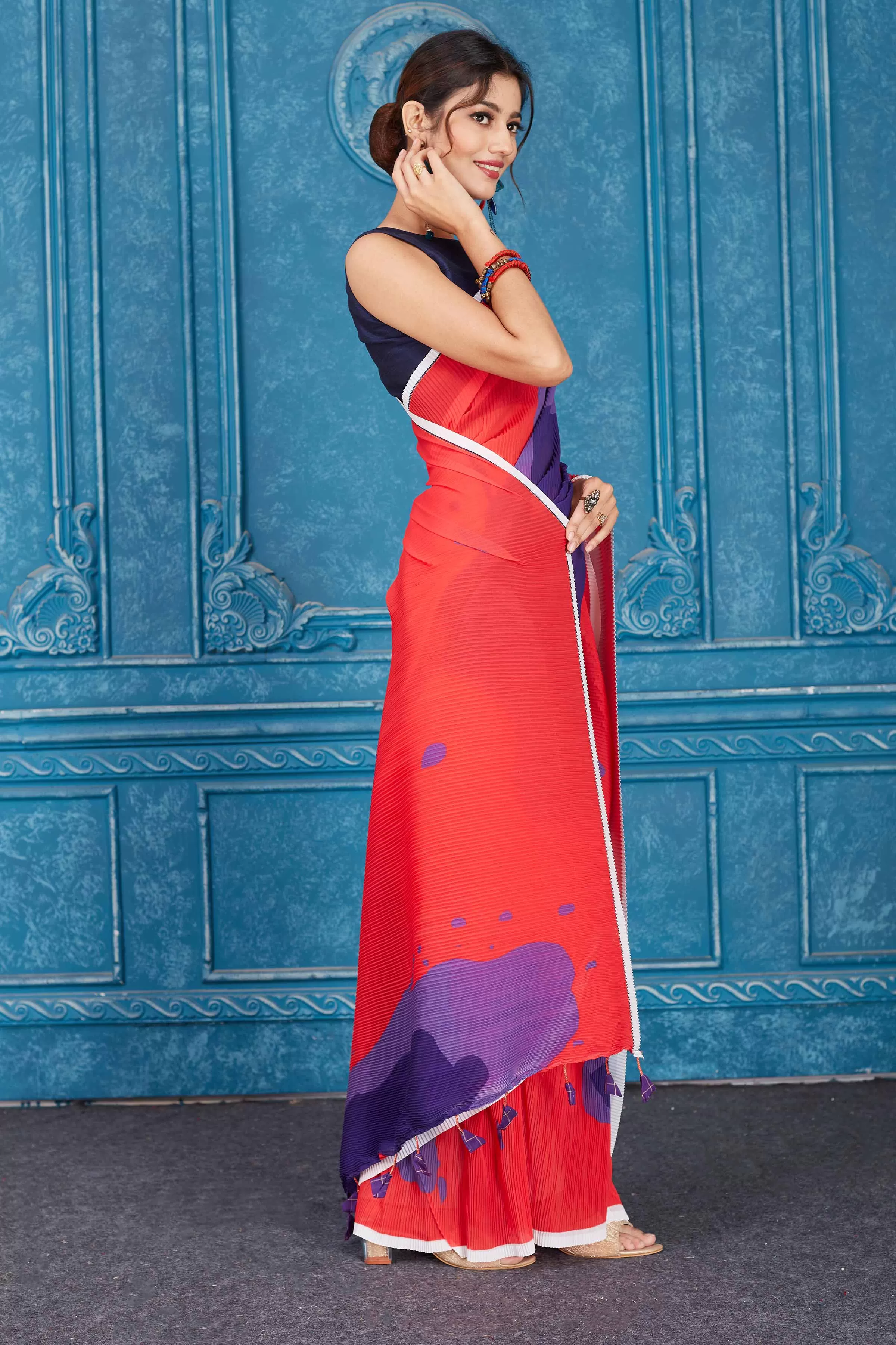 91A306 Red and Purple Abstract Print Crushed Georgette Saree