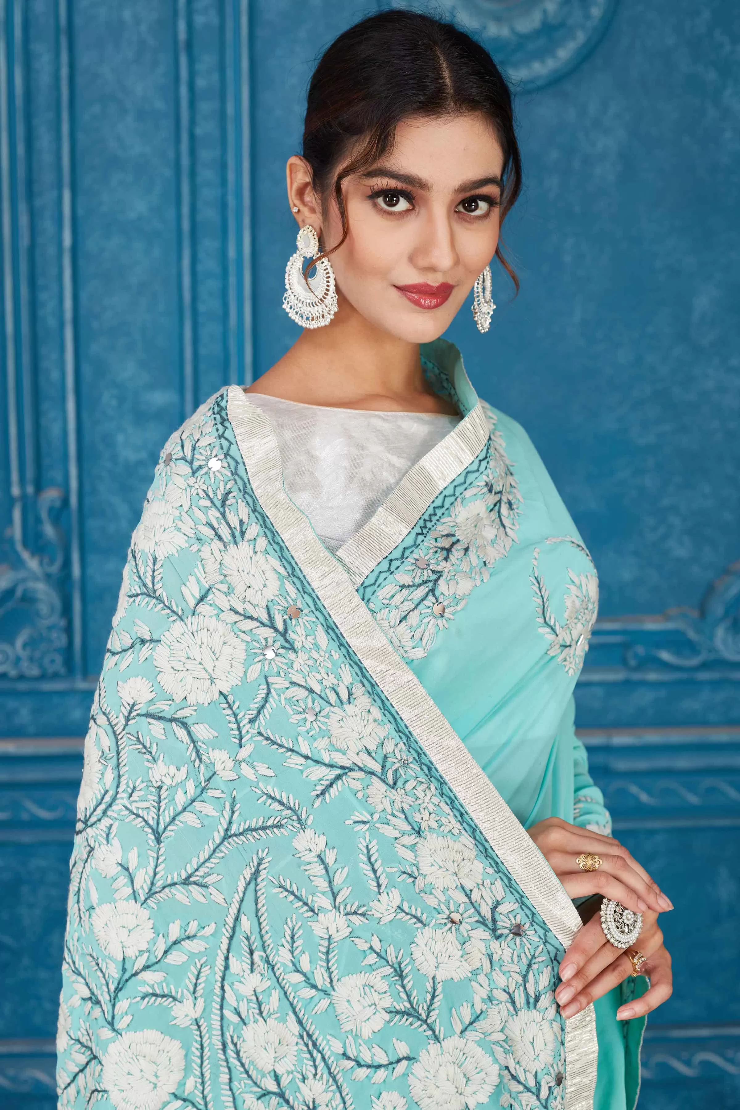 91A329 Light Blue Phulkari Work Kota Saree