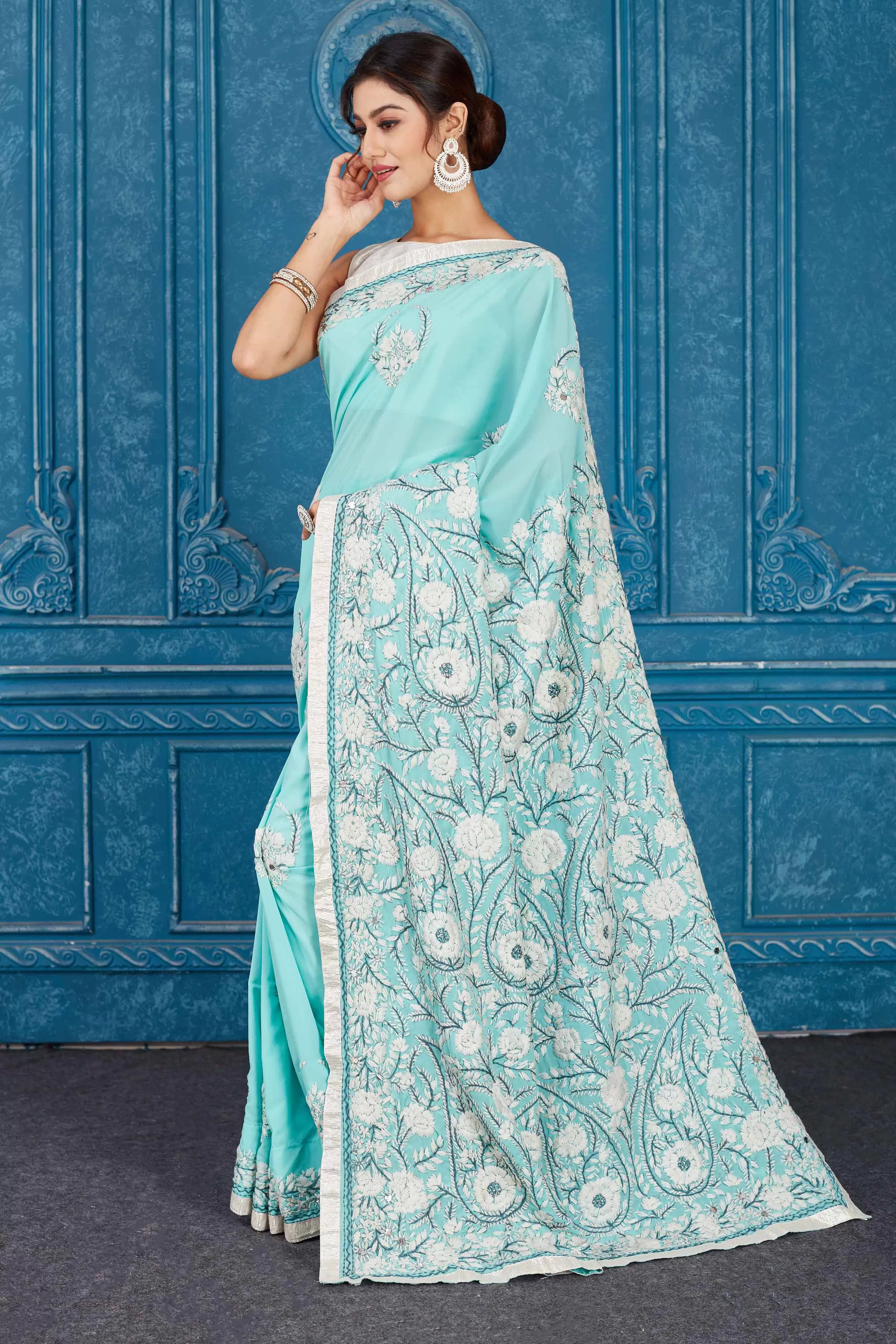 91A329 Light Blue Phulkari Work Kota Saree