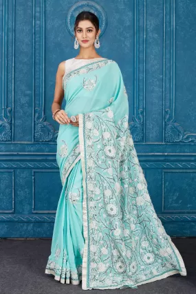 91A329 Light Blue Phulkari Work Kota Saree