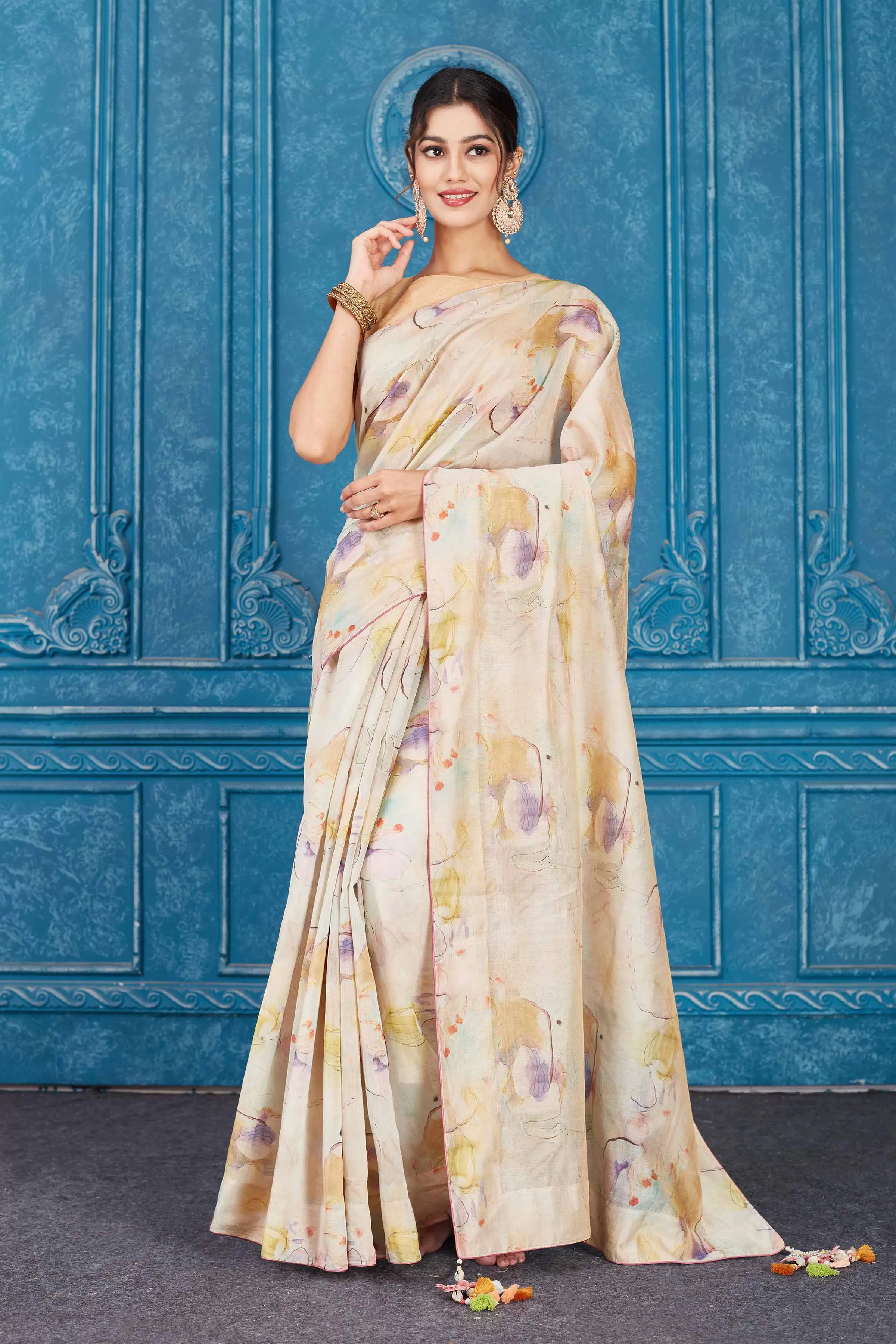 91A350 Cream Floral Linen Saree