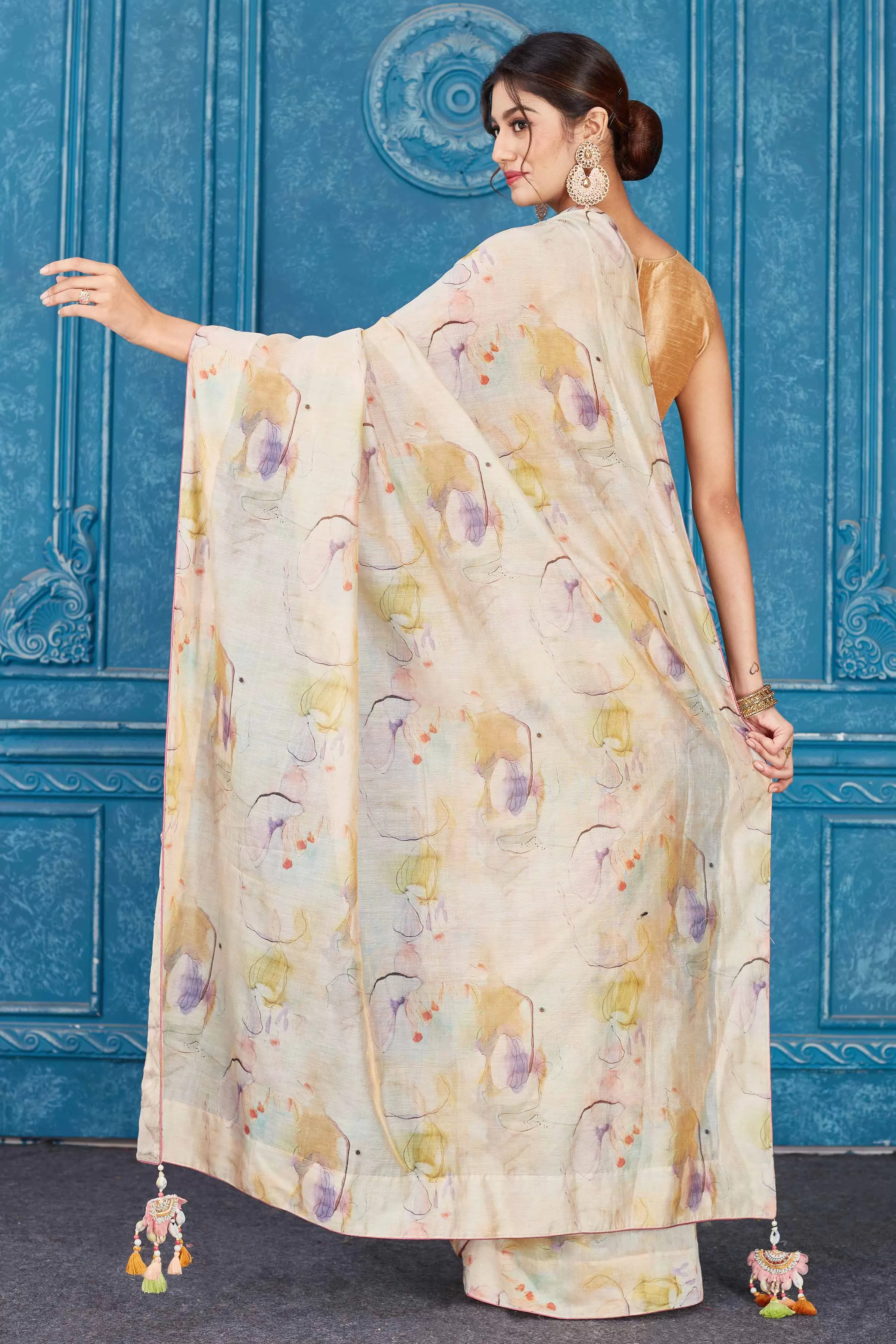 91A350 Cream Floral Linen Saree