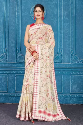 91A358 Cream Printed Linen Saree with Check Border