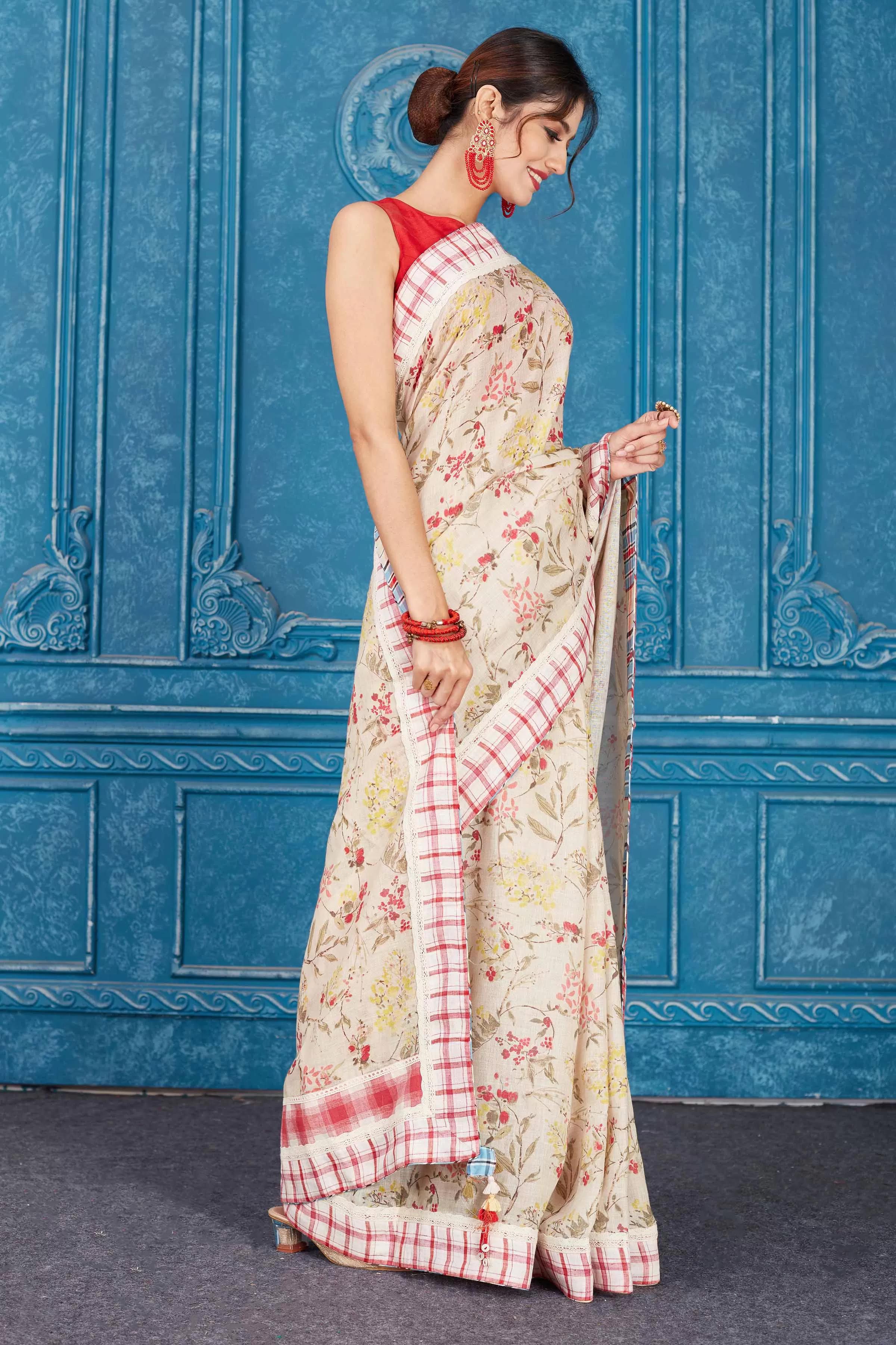 91A358 Cream Printed Linen Saree with Check Border