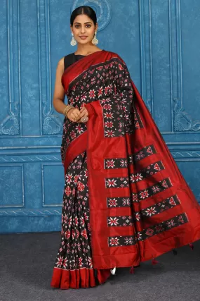 91A423 Black Pochampalli Ikkat Silk Saree With Red Border