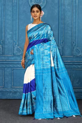 91A427 Cream and Blue Pochampally Ikkat Silk Saree