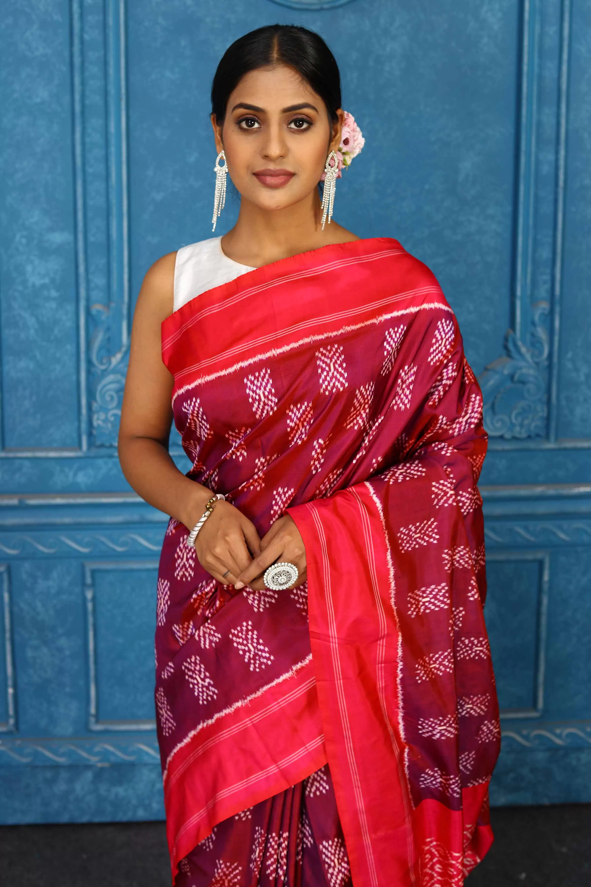 91A444 Maroon Pochampally Ikkat Silk Saree with Red Border