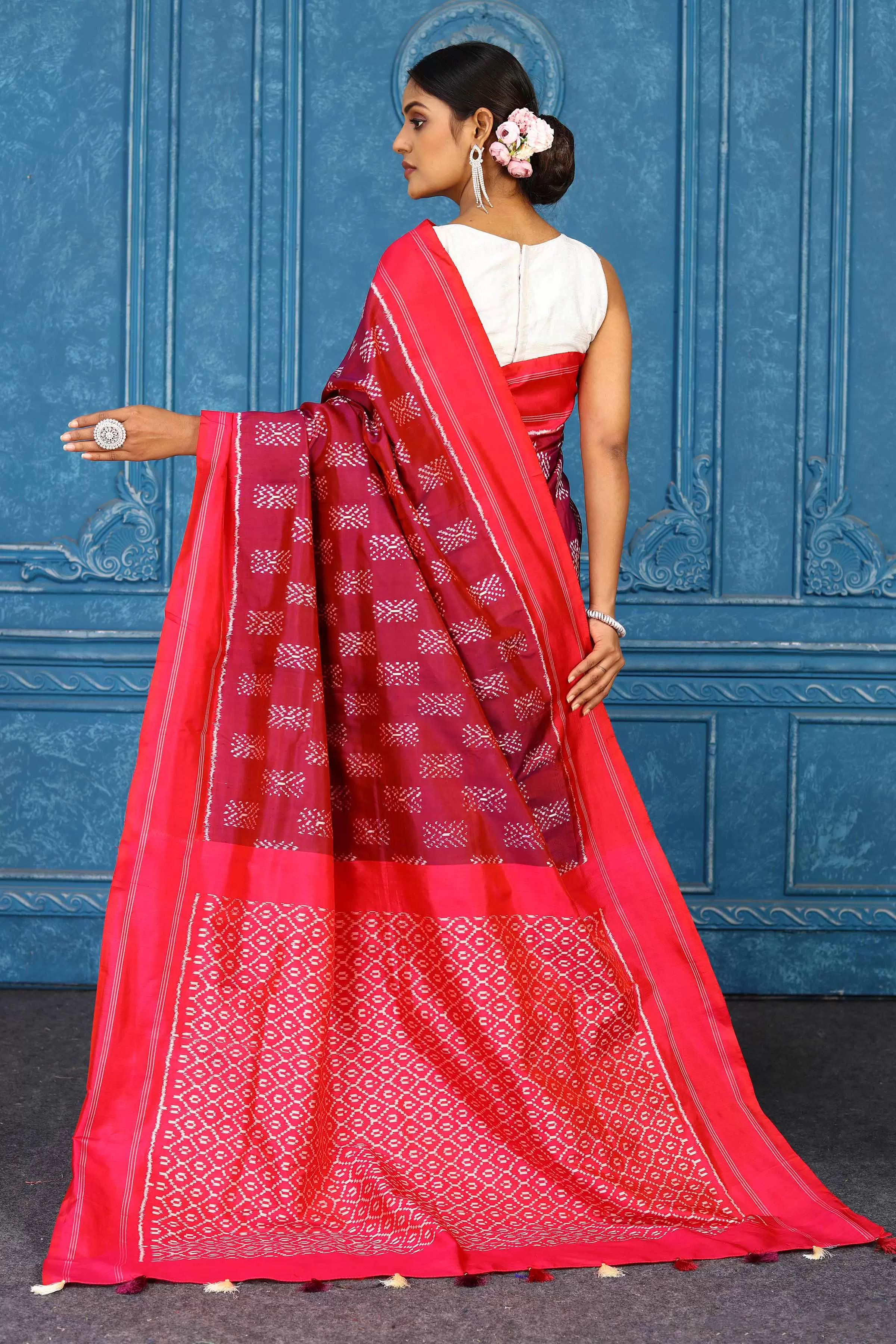 91A444 Maroon Pochampally Ikkat Silk Saree with Red Border