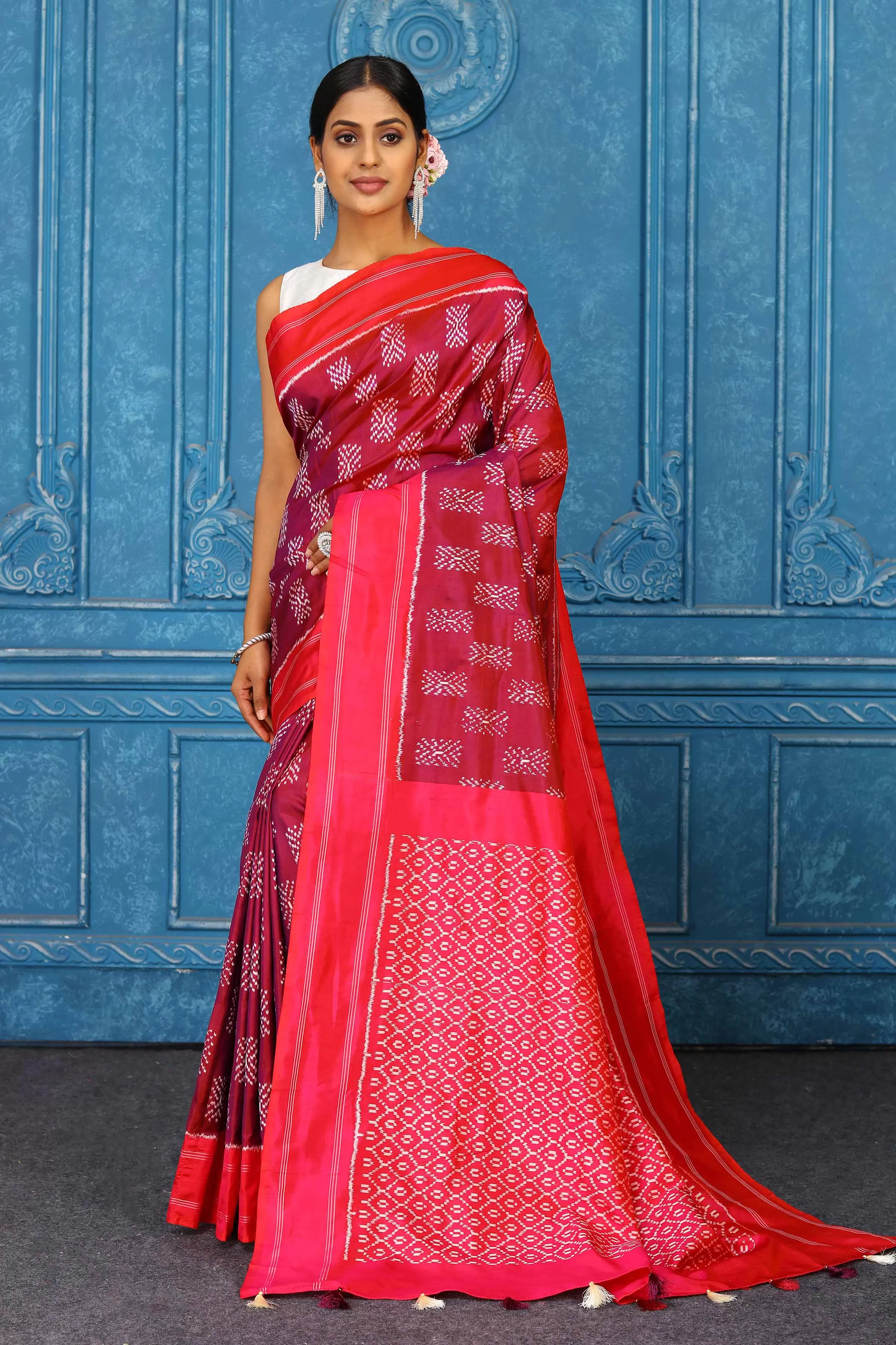 91A444 Maroon Pochampally Ikkat Silk Saree with Red Border