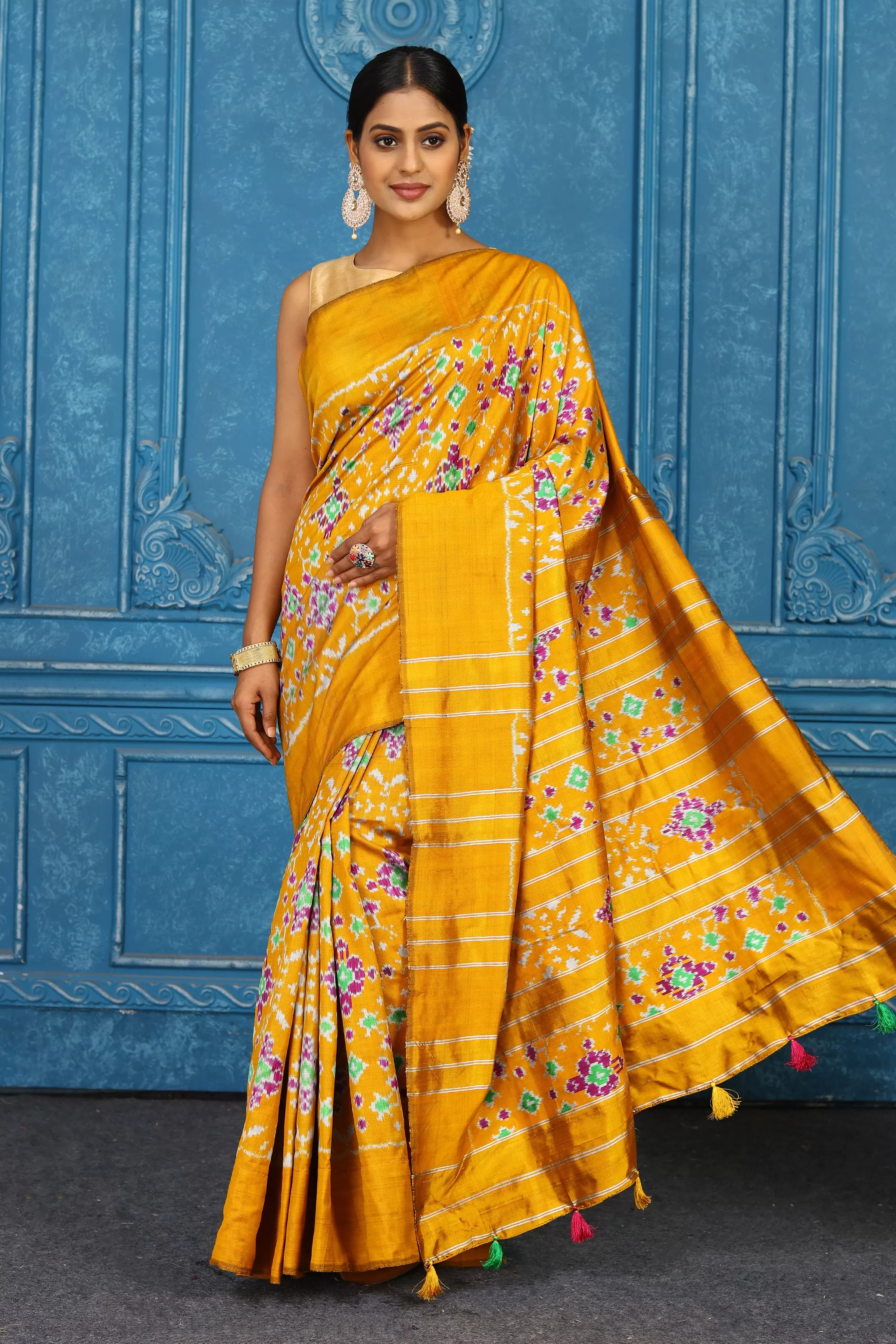 91A447 Mustard Pochampally Ikkat Saree