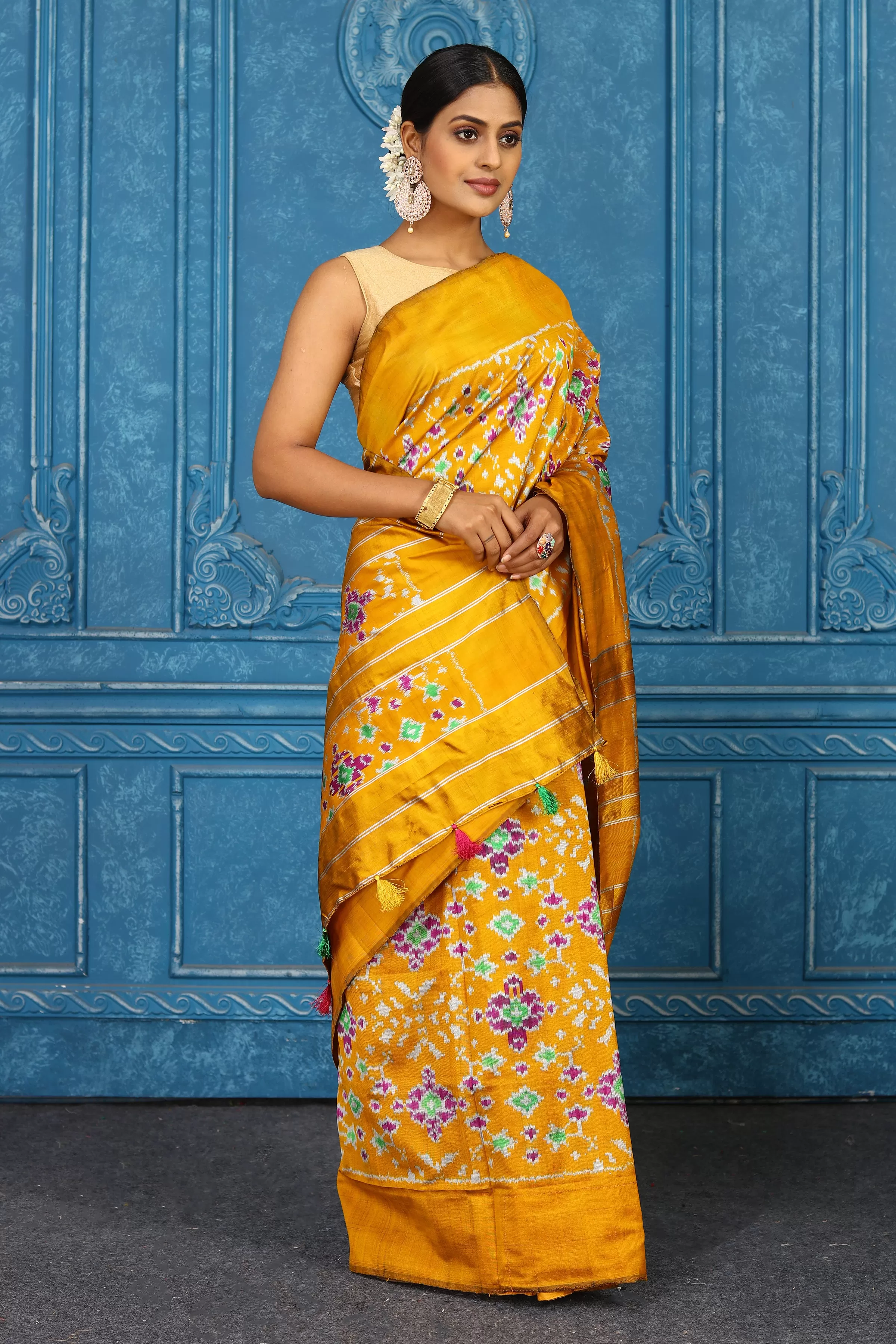 91A447 Mustard Pochampally Ikkat Saree