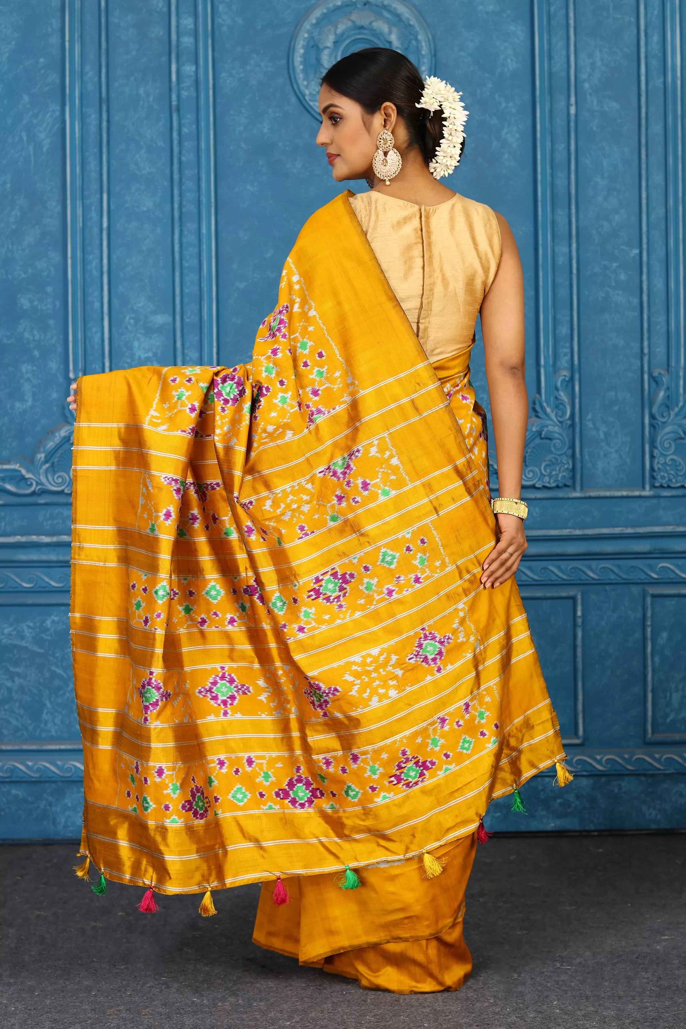 91A447 Mustard Pochampally Ikkat Saree