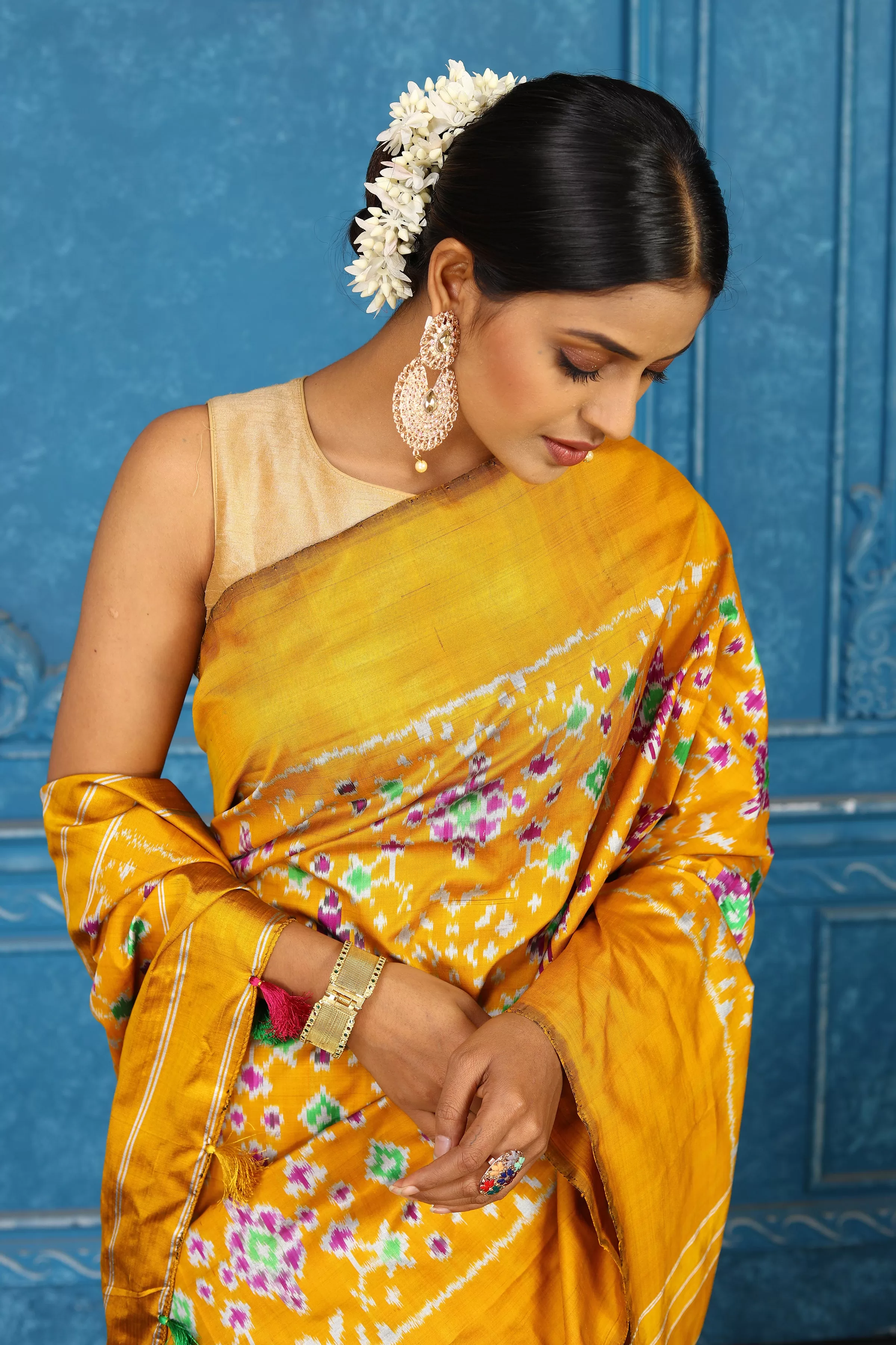 91A447 Mustard Pochampally Ikkat Saree