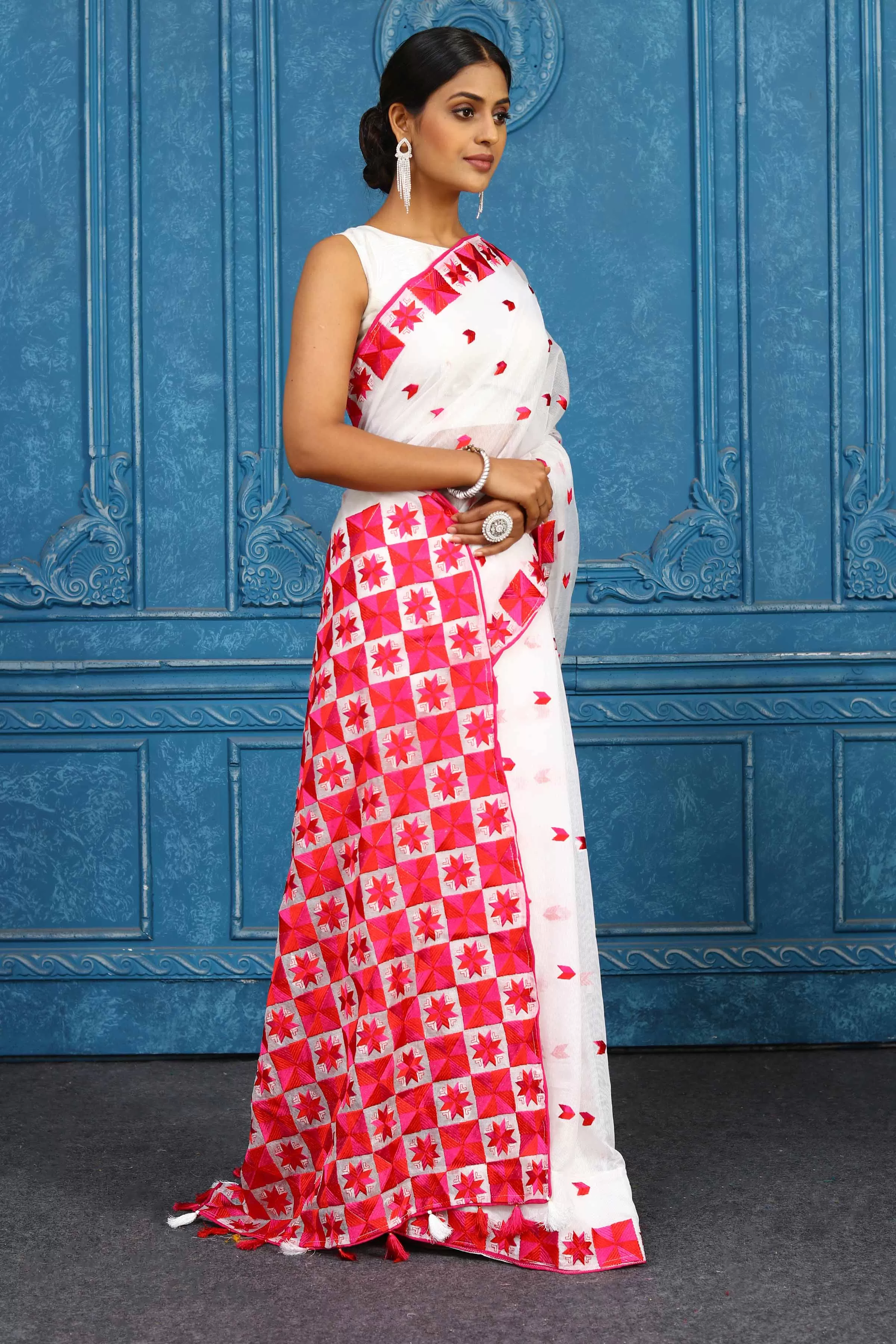 91A449 White and Red Phulkari Embroidery Saree