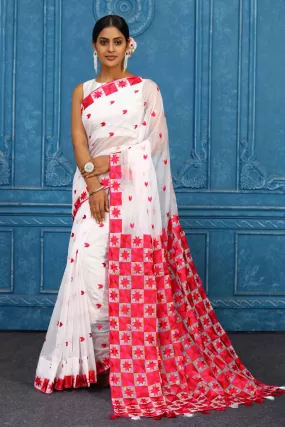 91A449 White and Red Phulkari Embroidery Saree