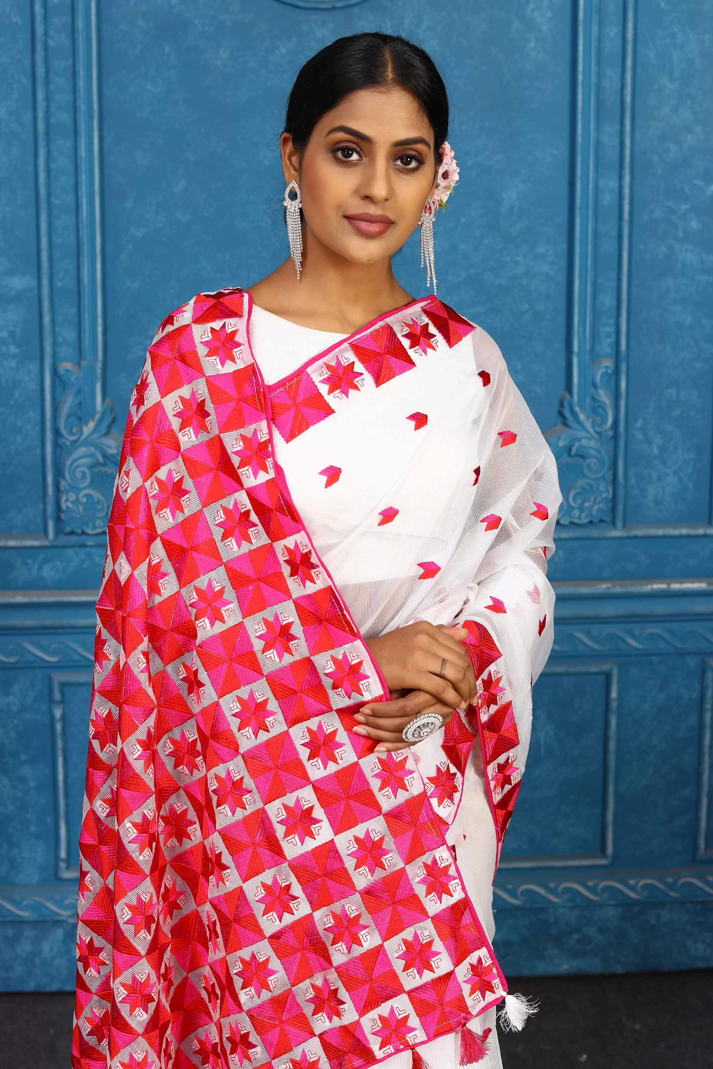 91A449 White and Red Phulkari Embroidery Saree