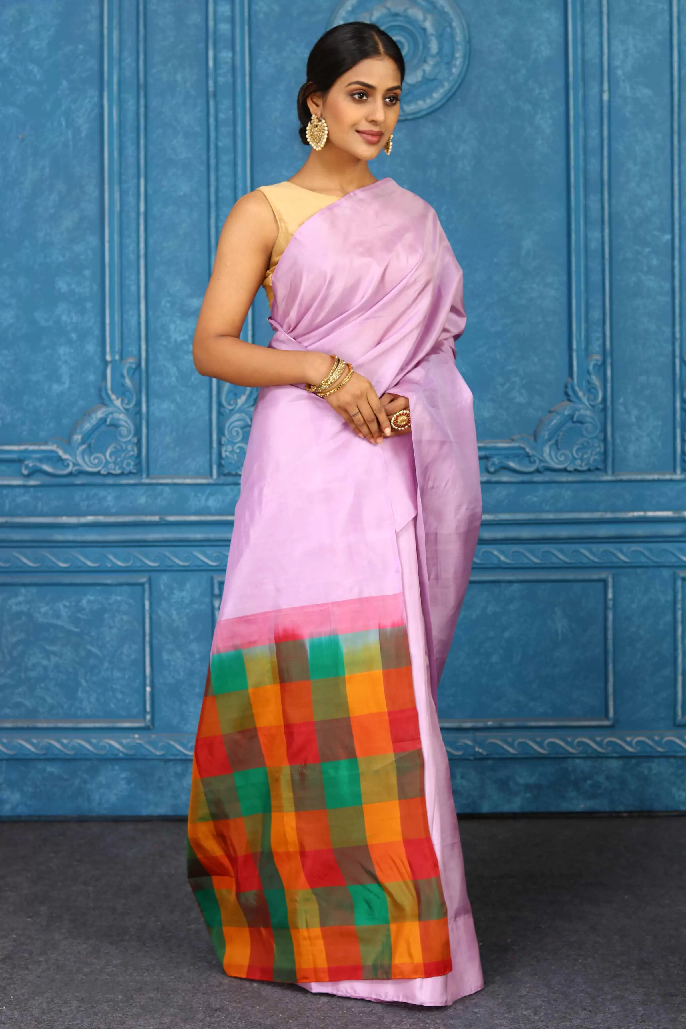 91A465 Lilac Kanjivaram Saree with Multicolor Check Pallu