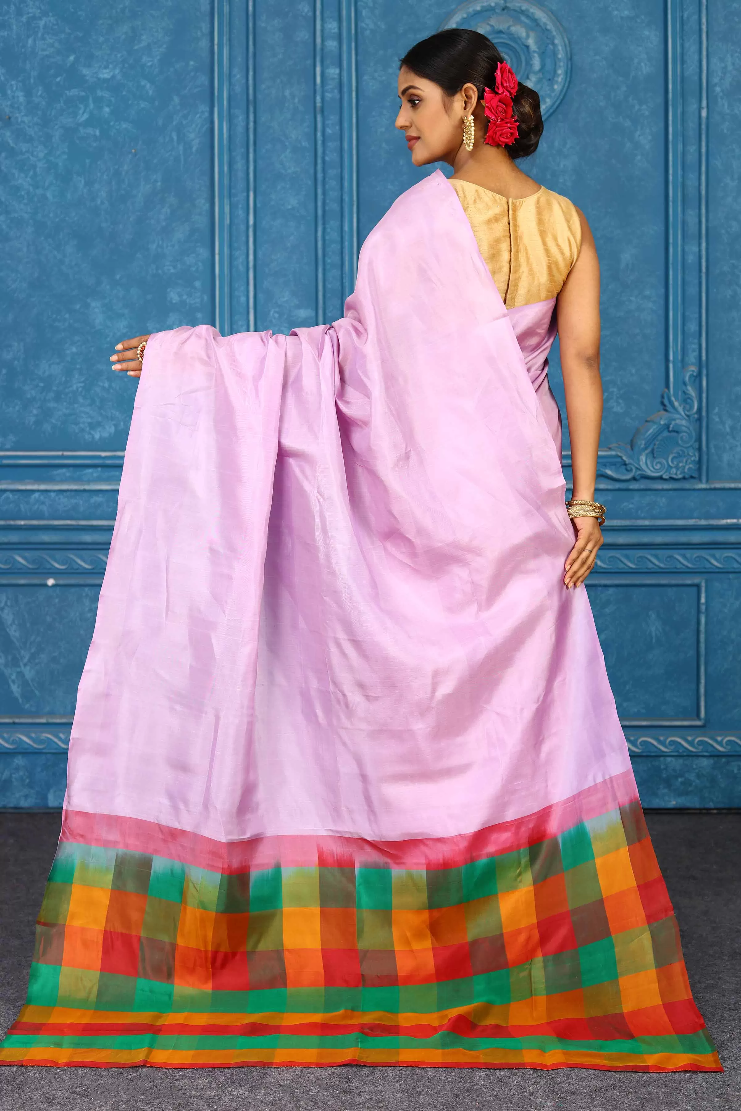 91A465 Lilac Kanjivaram Saree with Multicolor Check Pallu