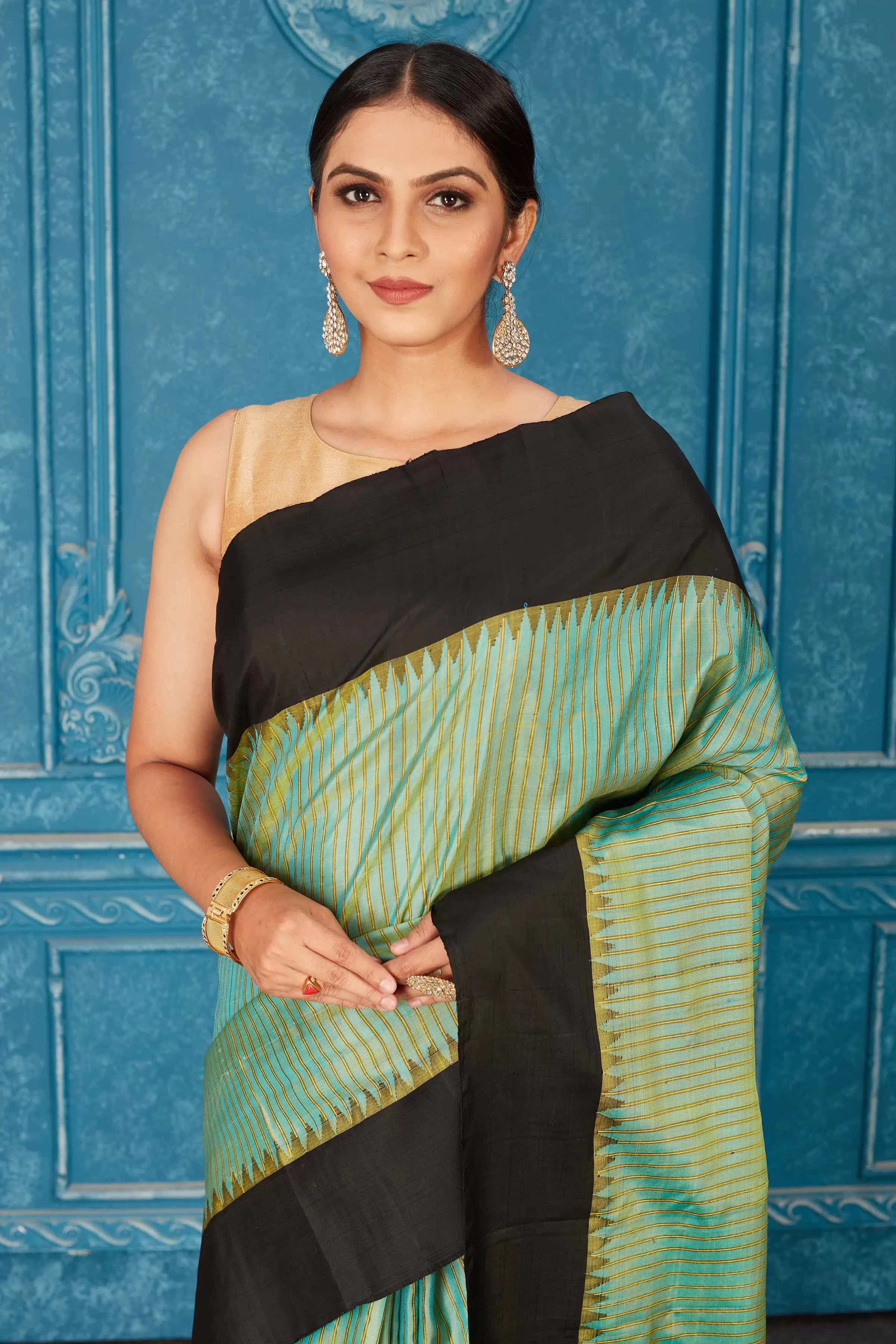 91A466 Pista Green Kanjivaram Saree with Black Border