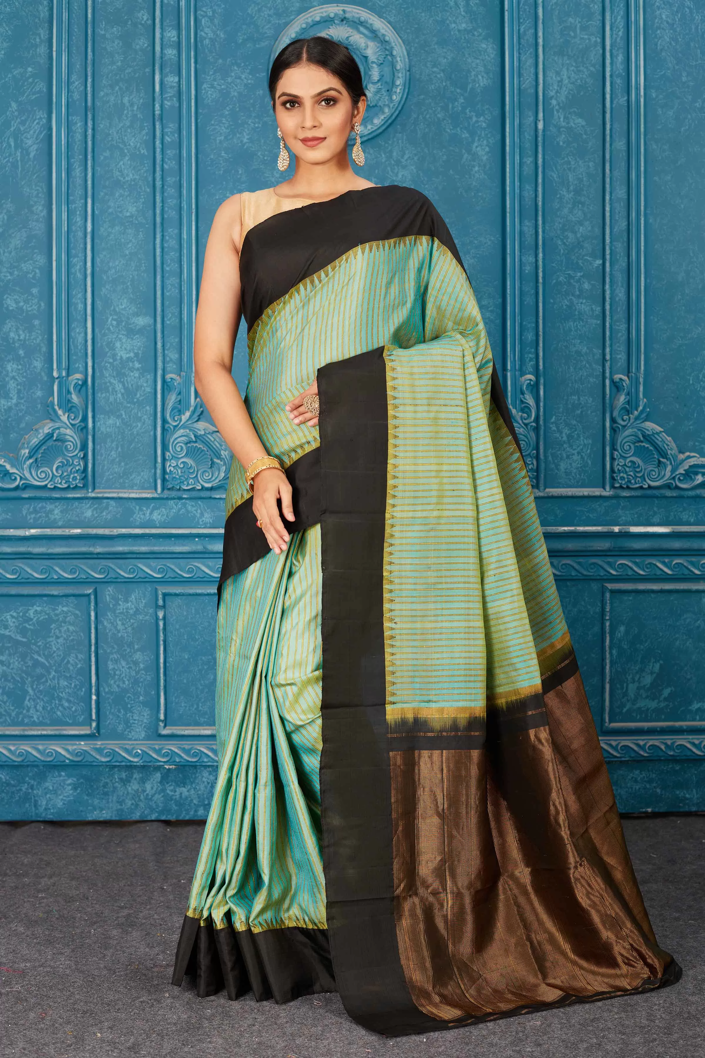 91A466 Pista Green Kanjivaram Saree with Black Border