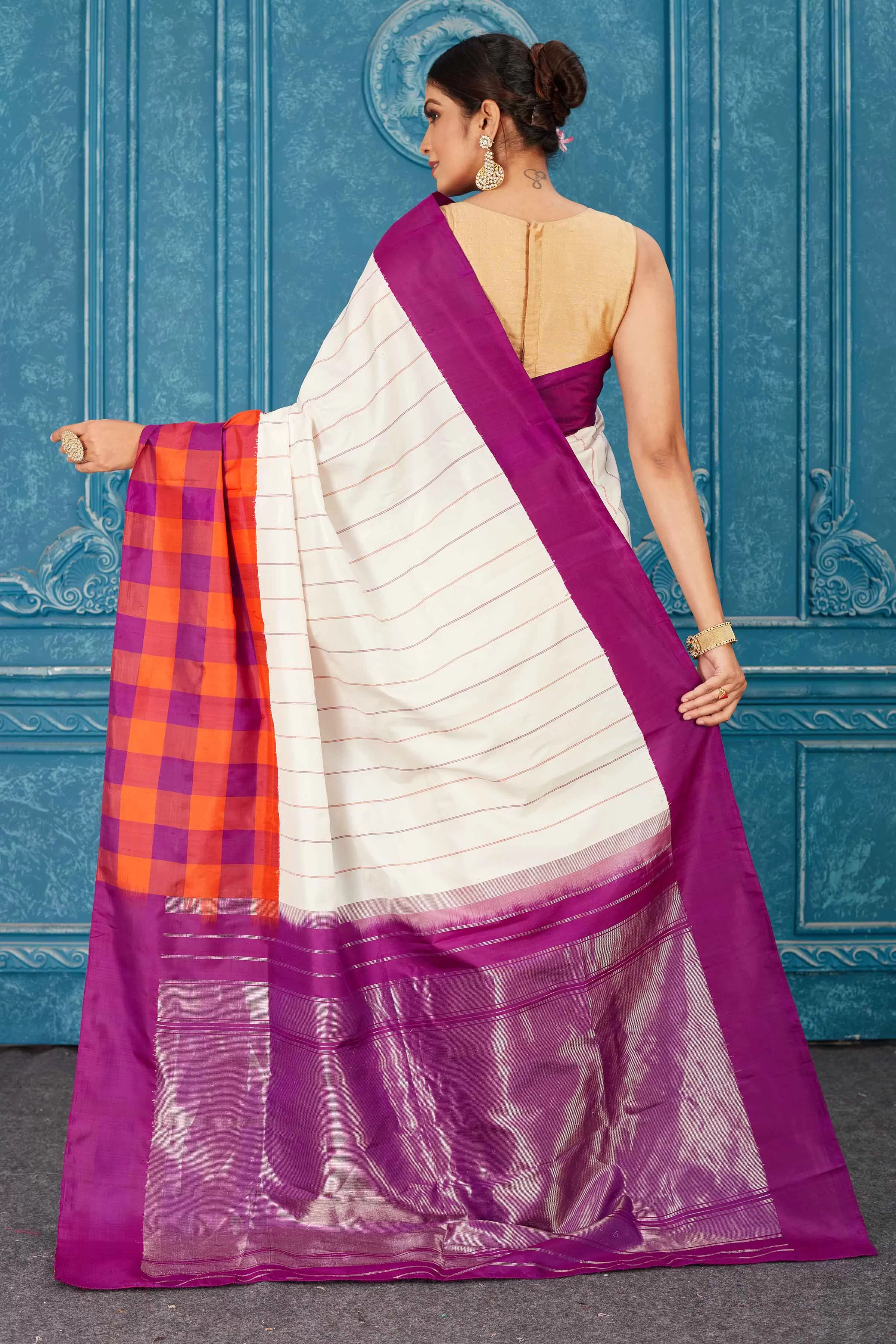 91A471 White Gadhwal Silk Sari with Orange Purple Check Border