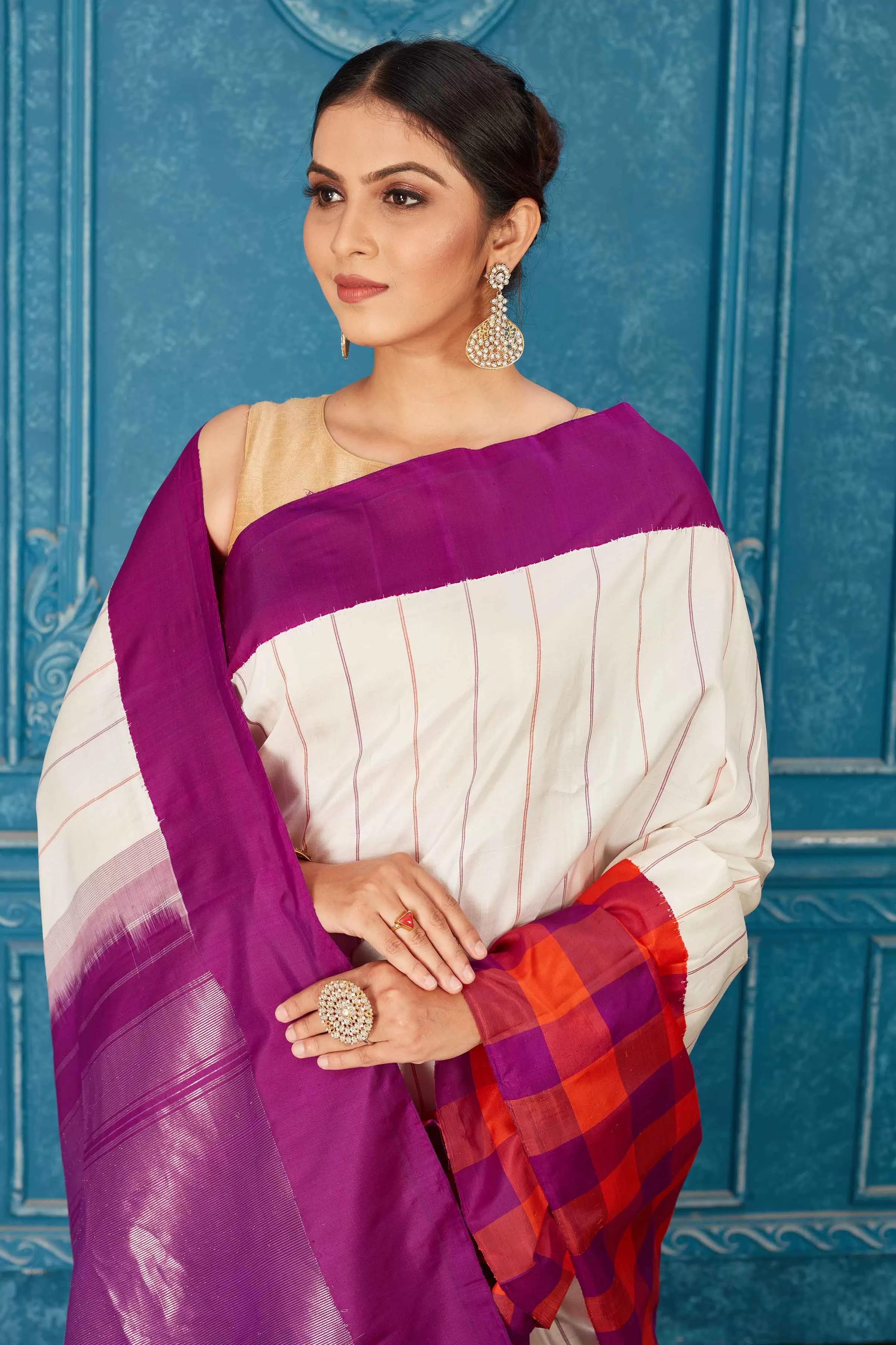 91A471 White Gadhwal Silk Sari with Orange Purple Check Border