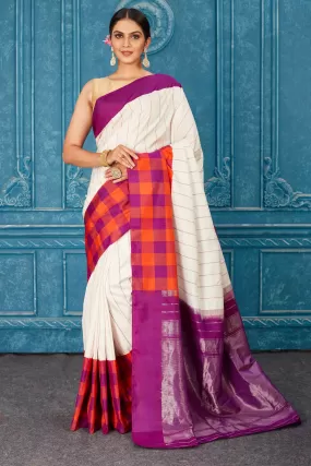 91A471 White Gadhwal Silk Sari with Orange Purple Check Border