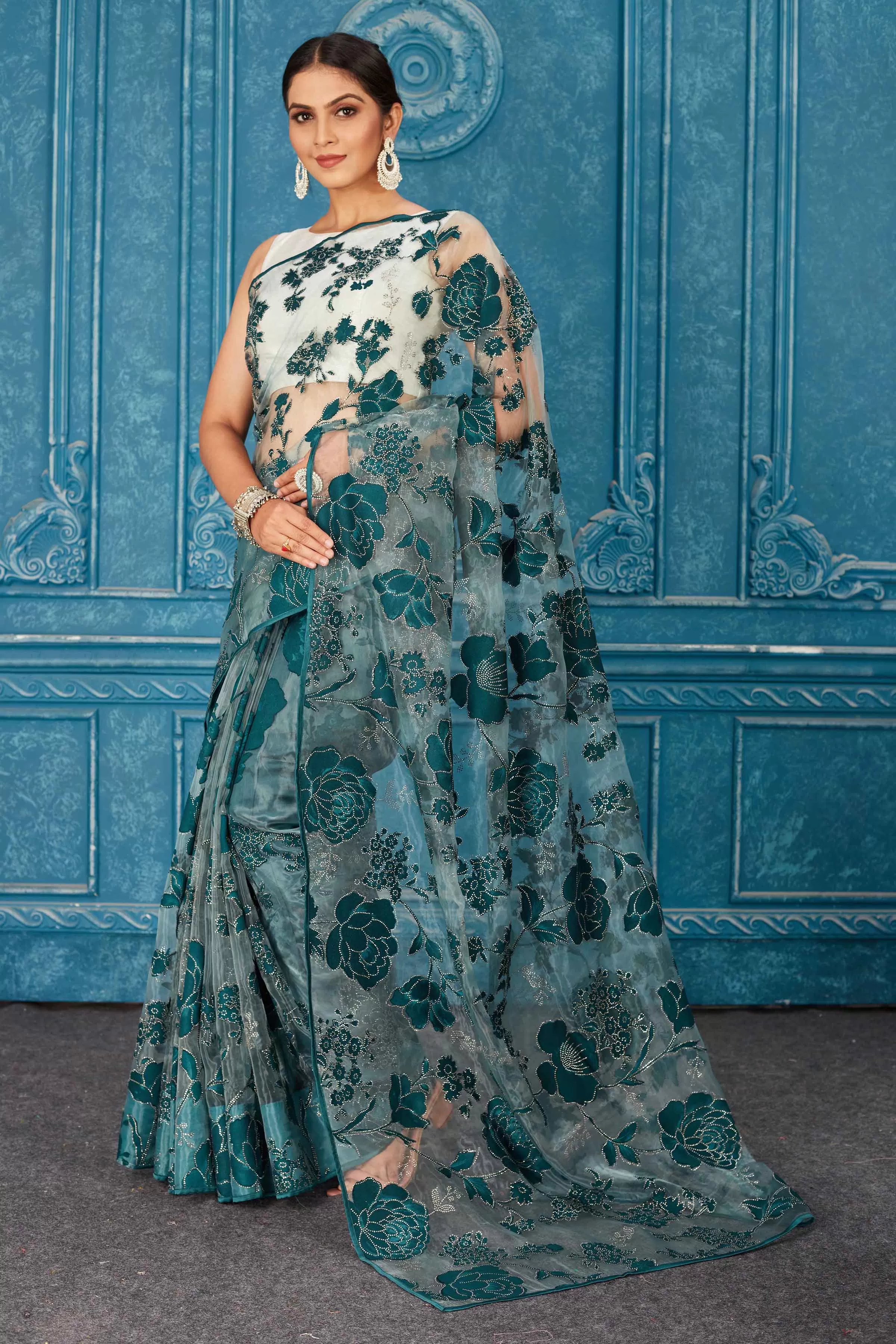 91A475 Sea Green Tissue Silk Saree with Embrose and Stone Work