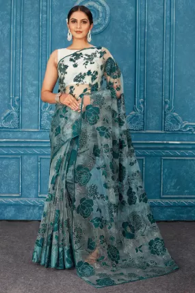 91A475 Sea Green Tissue Silk Saree with Embrose and Stone Work