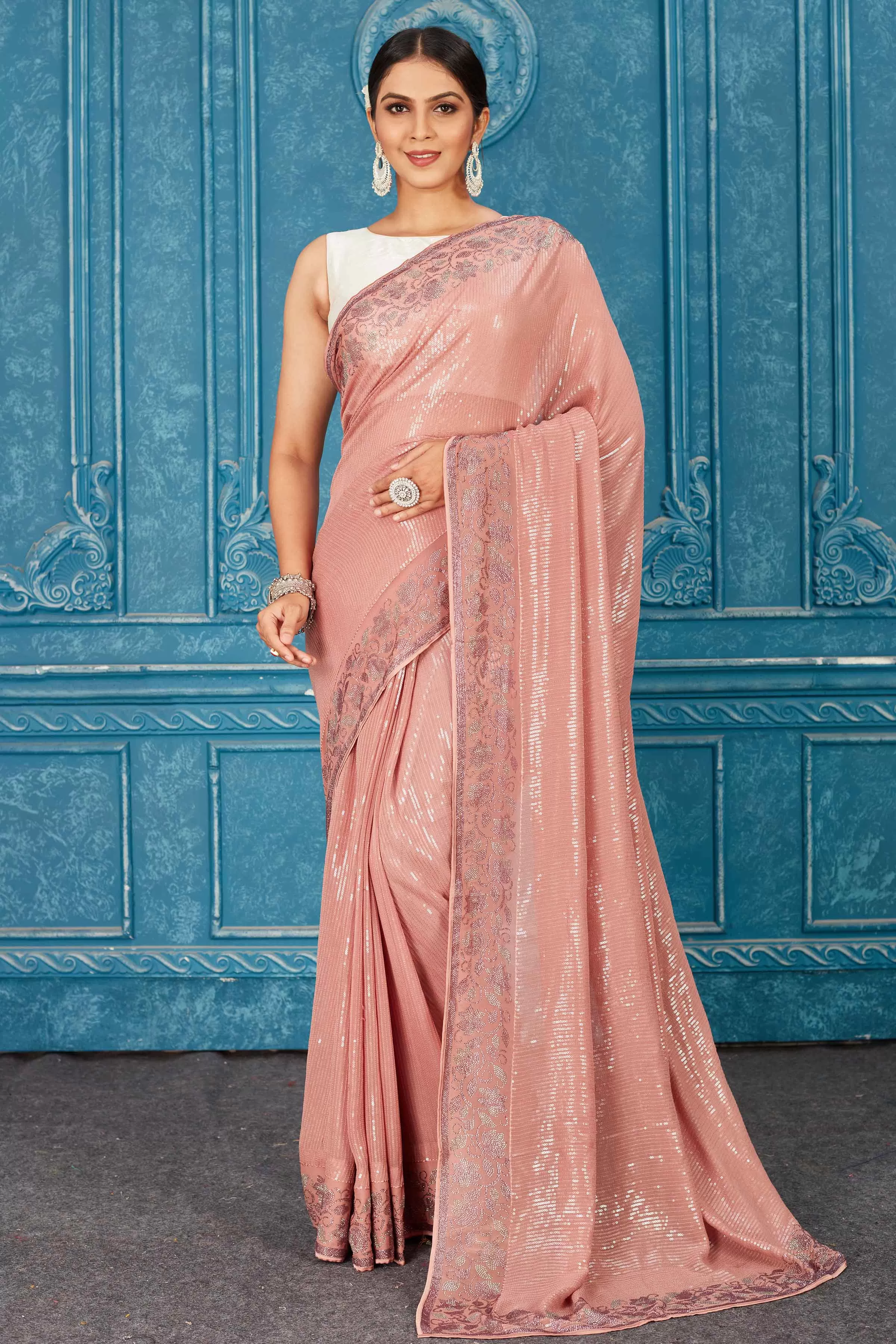 91A481 Pink Sequin Saree with Stone Work