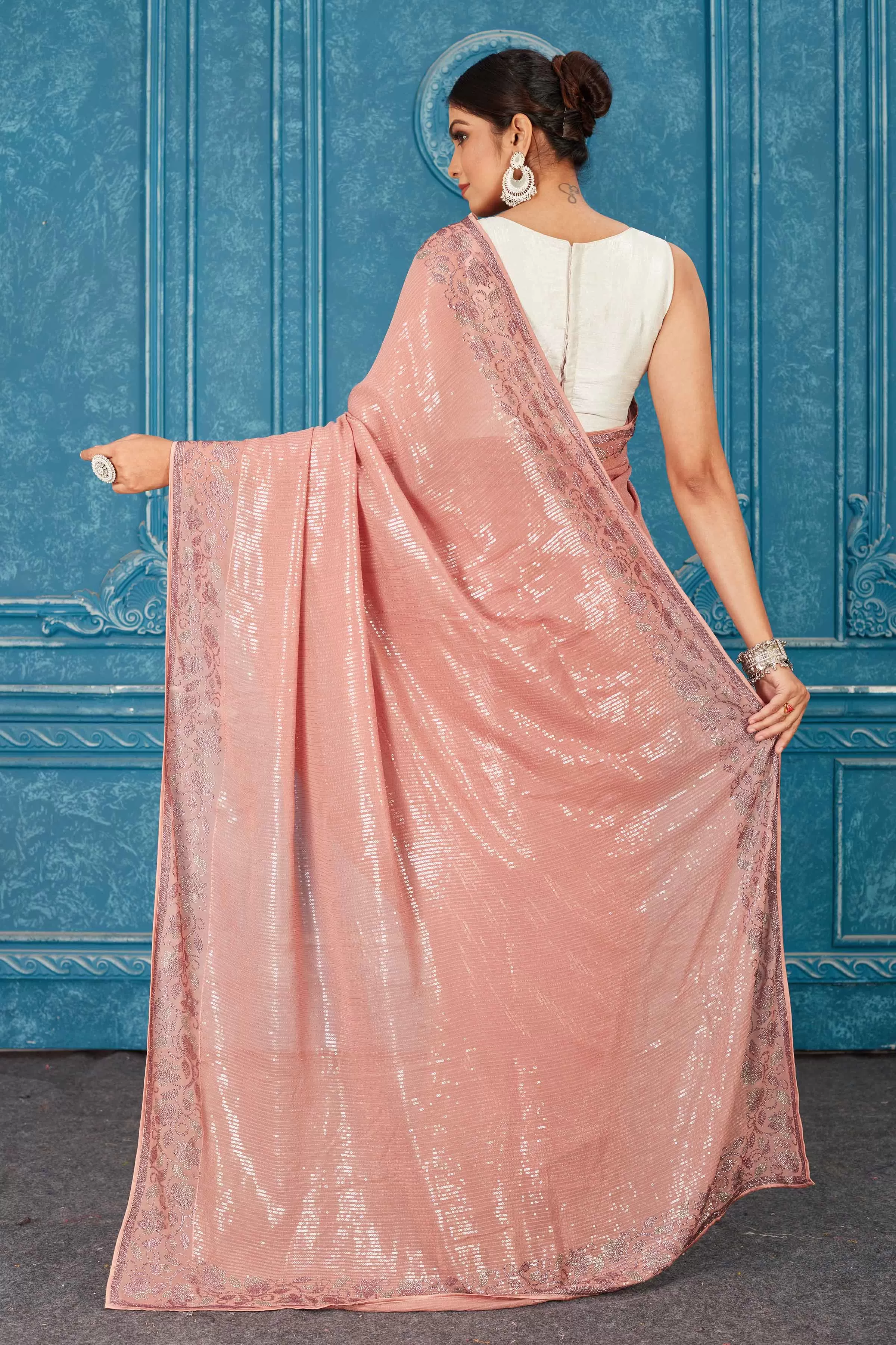 91A481 Pink Sequin Saree with Stone Work